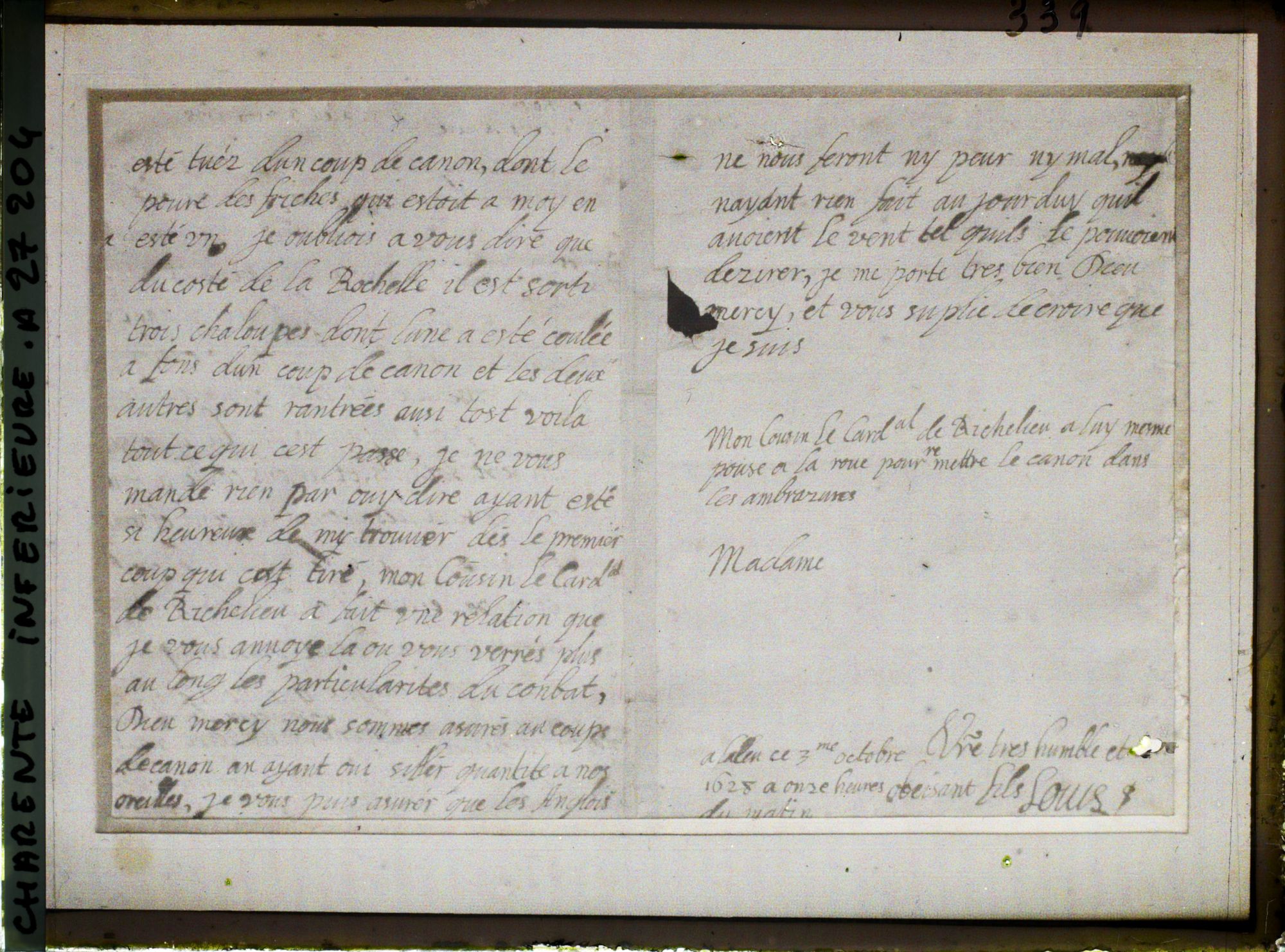Image représentant Lettre autographe de Louis XIII à sa mère Marie de Médicis le 3 octobre 1628 - Musée d'Orbigny Bernon