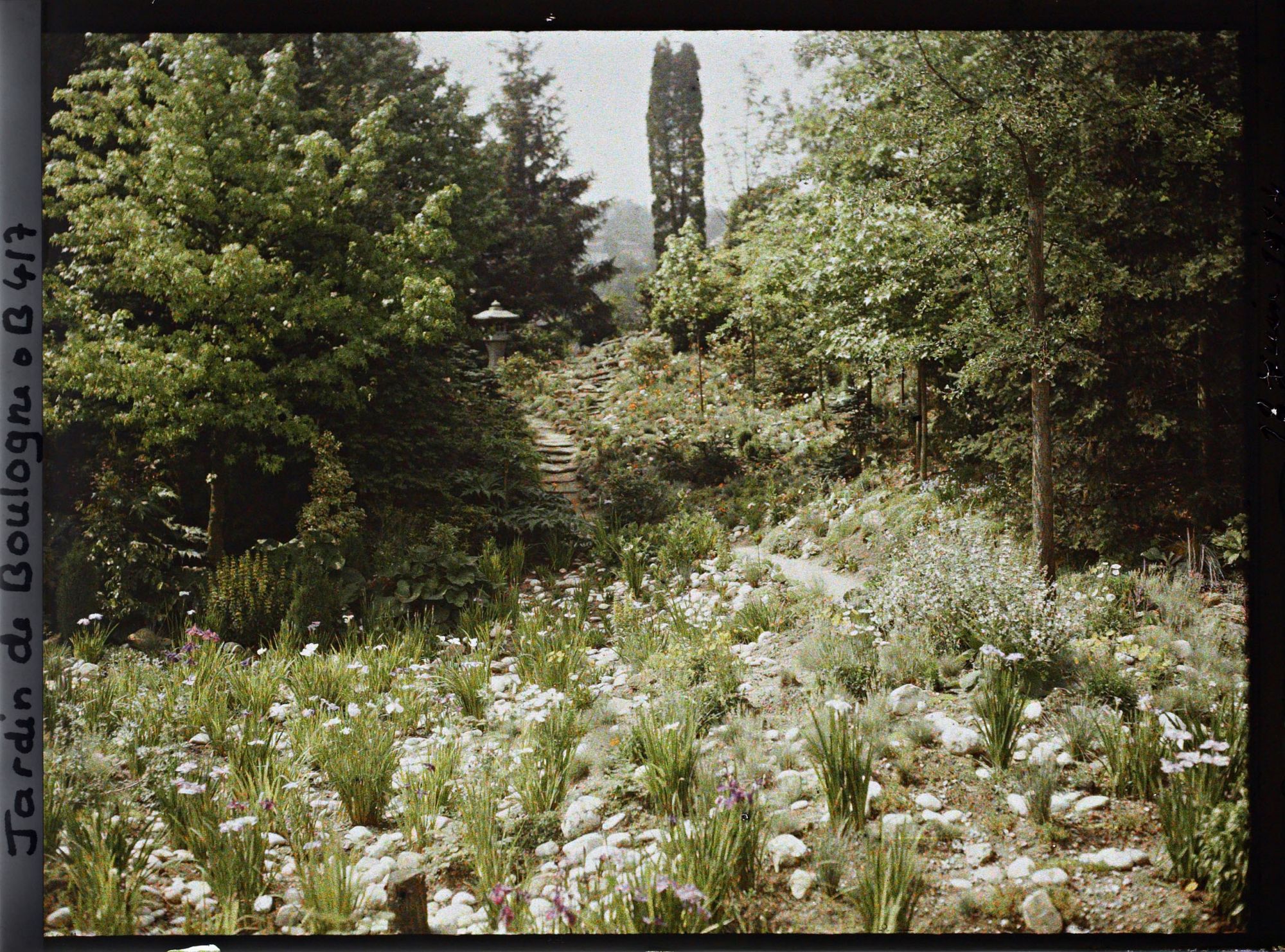Image représentant Lanterne en haut d'un chemin escarpé du " jardin chinois " précédé d'un espace pierreux et herbacé