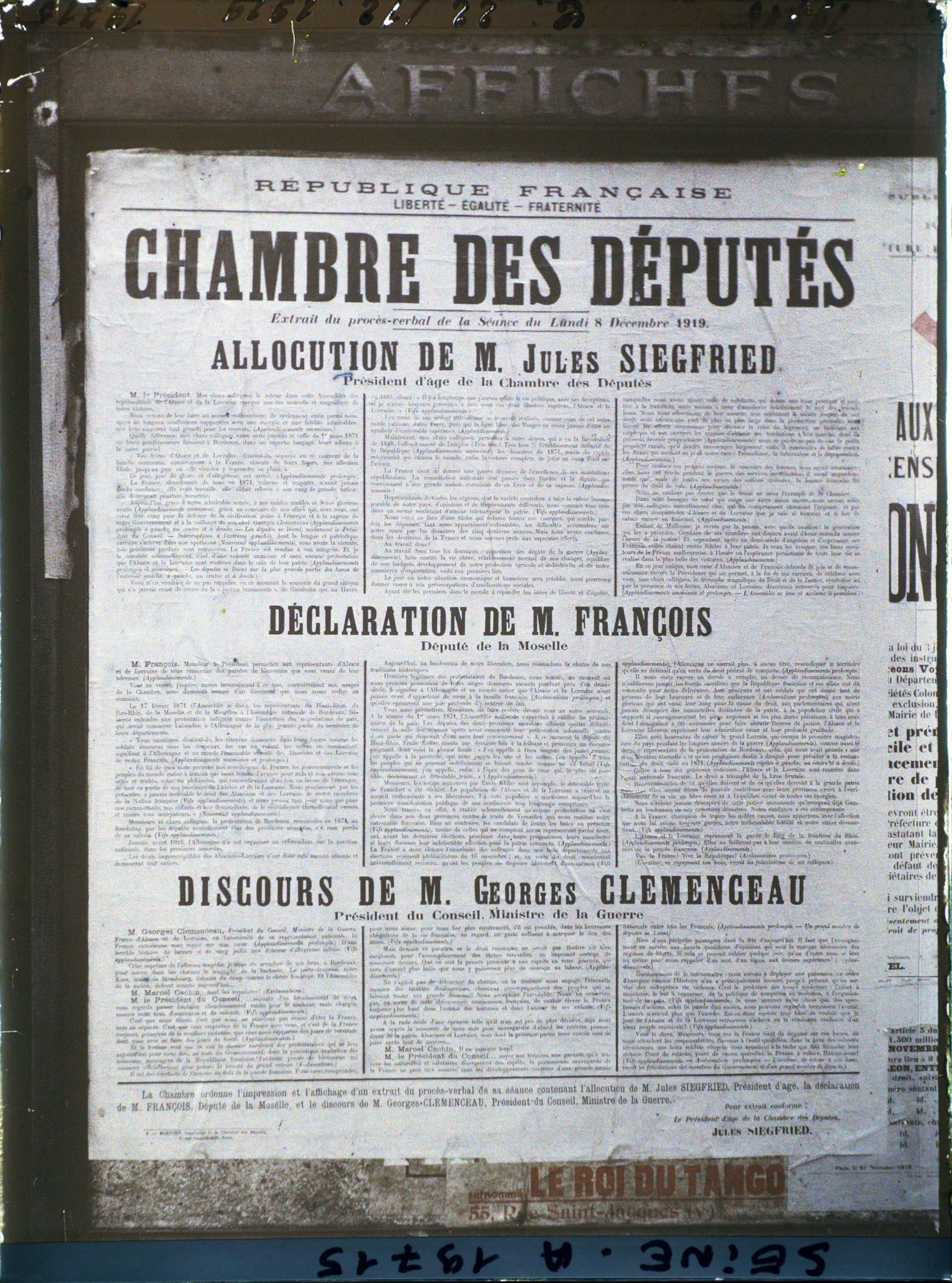Image représentant Affiche de discours à la Chambre des Députés pour l'entrée des Alsaciens-Lorrains au Parlement