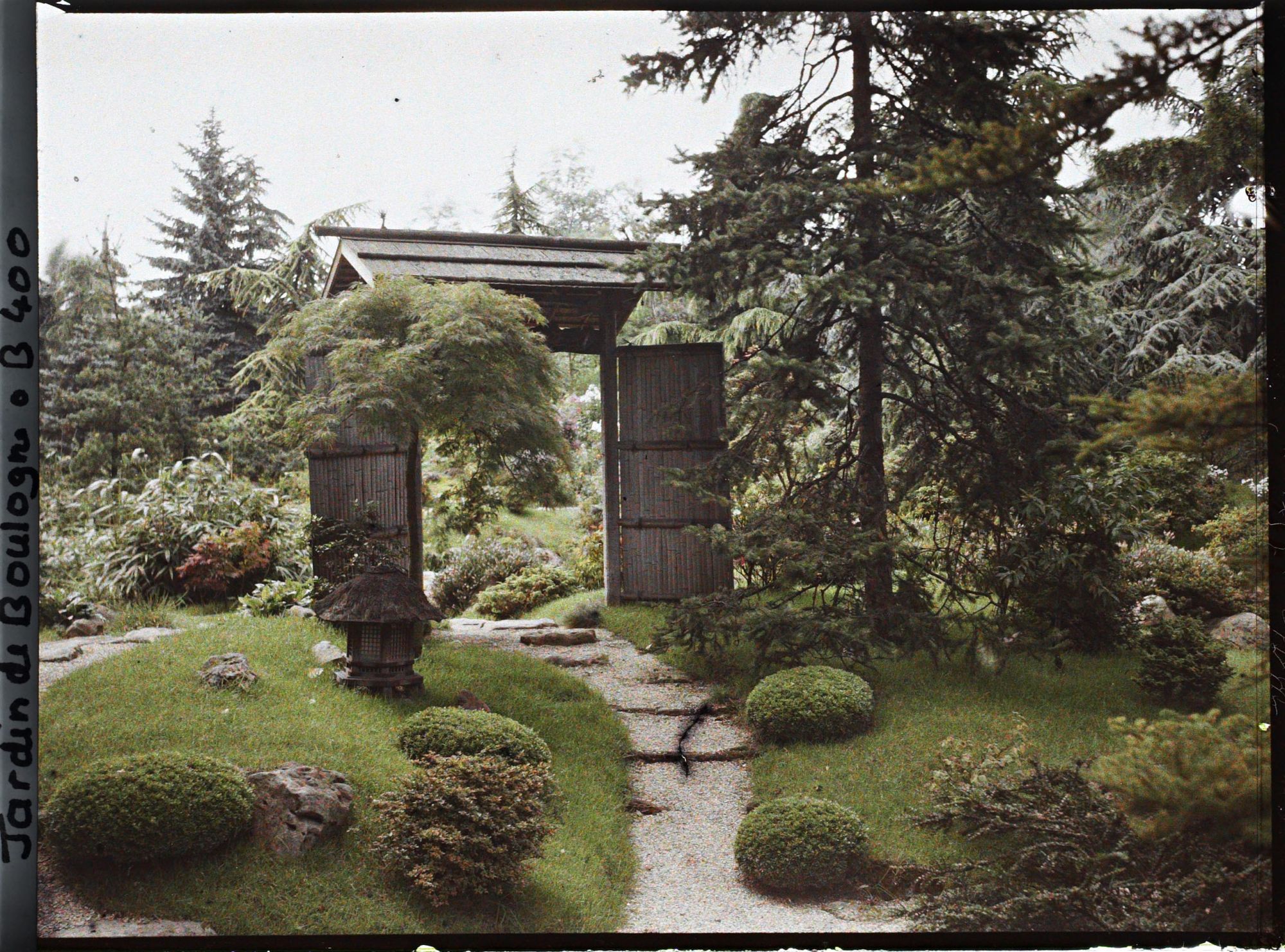 Image représentant Arbustes taillés devant la porte du " village japonais " ouvrant sur le " sanctuaire japonais "