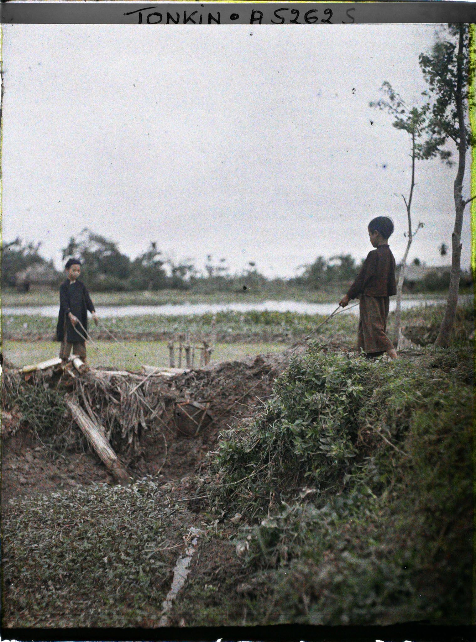 Image représentant Des enfants utilisant un seau à cordelles, système élévatoire d'eau pour l'irrigation du riz