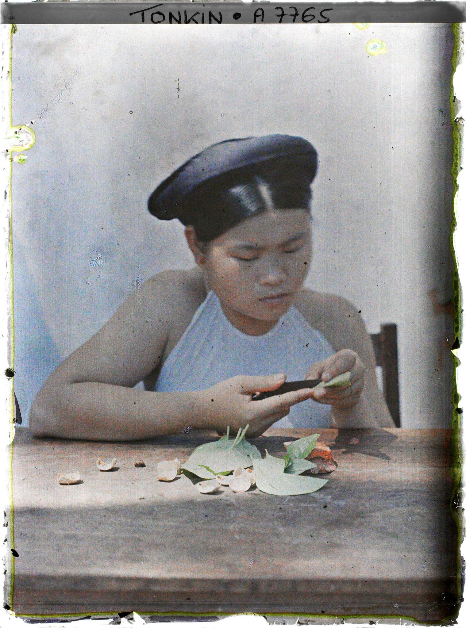 Image représentant Une jeune femme épointant la feuille de bétel lors de la deuxième phase de la confection d'une chique de bétel