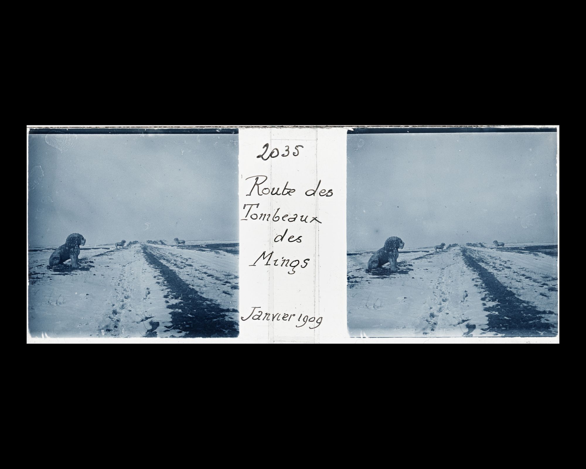 Image représentant Ming Shisanling ("Treize Tombeaux des Ming"). l'un des deux lions assis de l'allée des statues