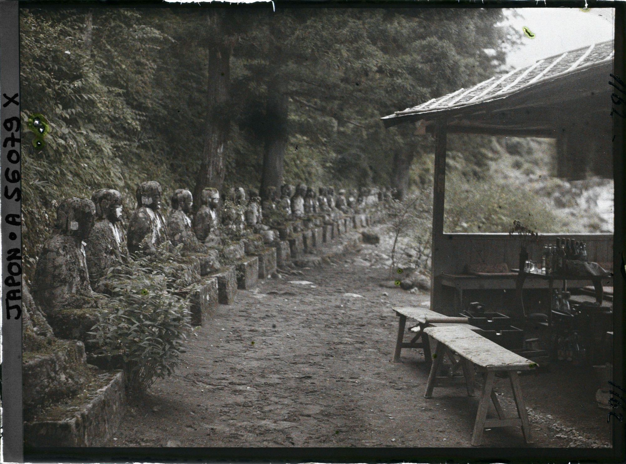 Image représentant Bake-Jizo (alignement de statues du Bosatsu Jizo) près de l'étang Gammanga-fuchi