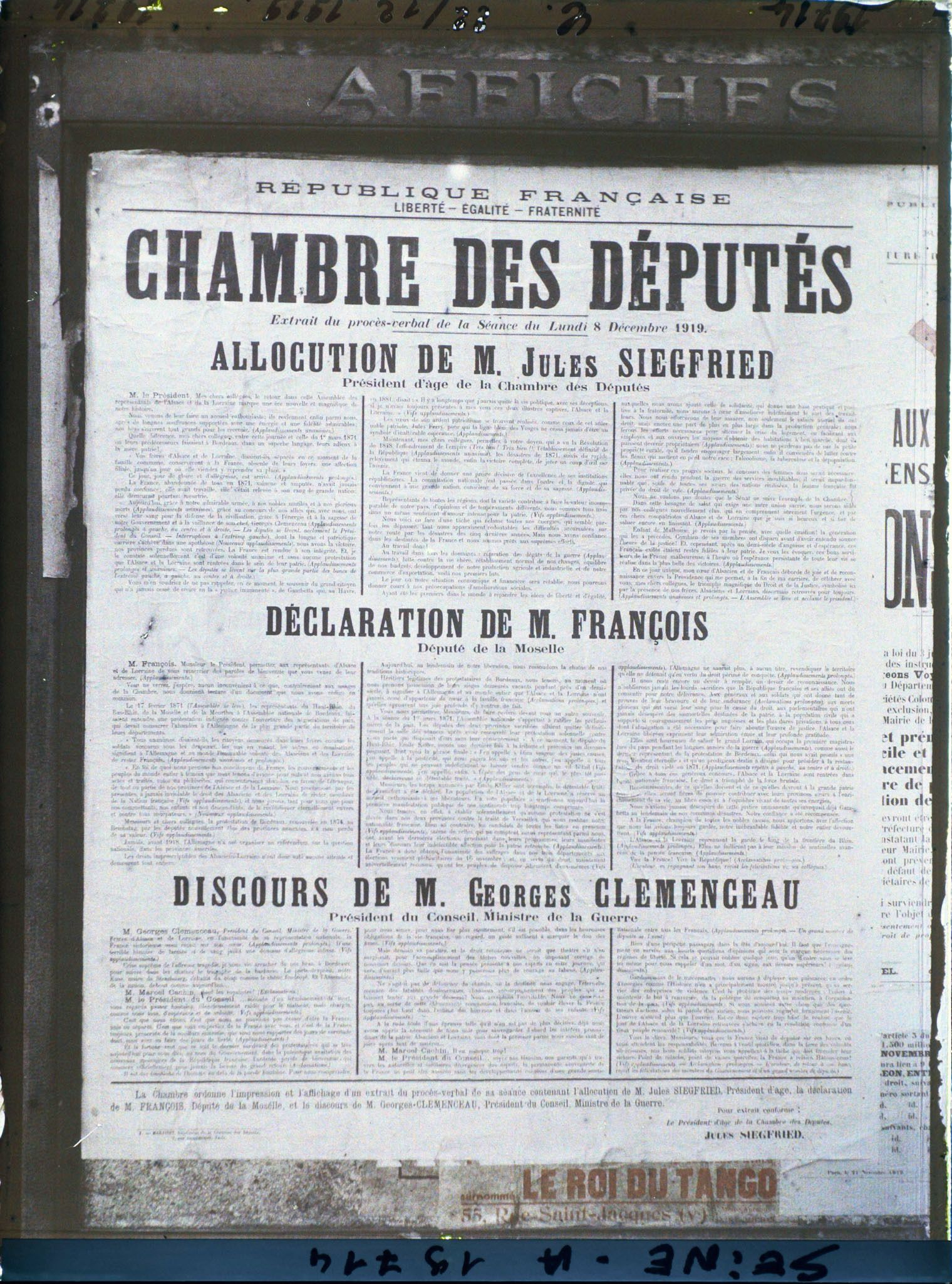 Image représentant Affiche de discours à la Chambre des Députés pour l'entrée des Alsaciens-Lorrains au Parlement