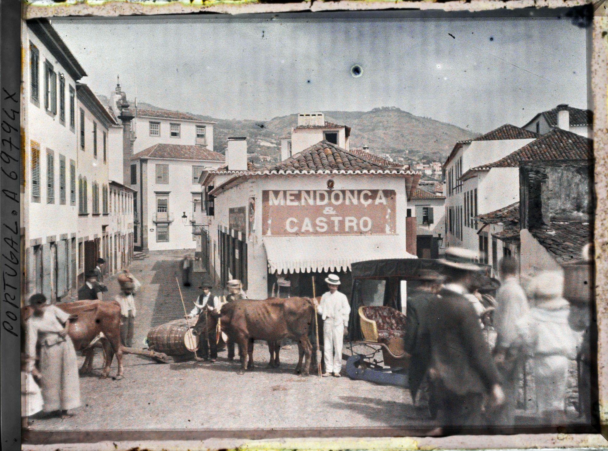 Image représentant Scène de rue avec traîneau à quatre places tiré par des bœufs
