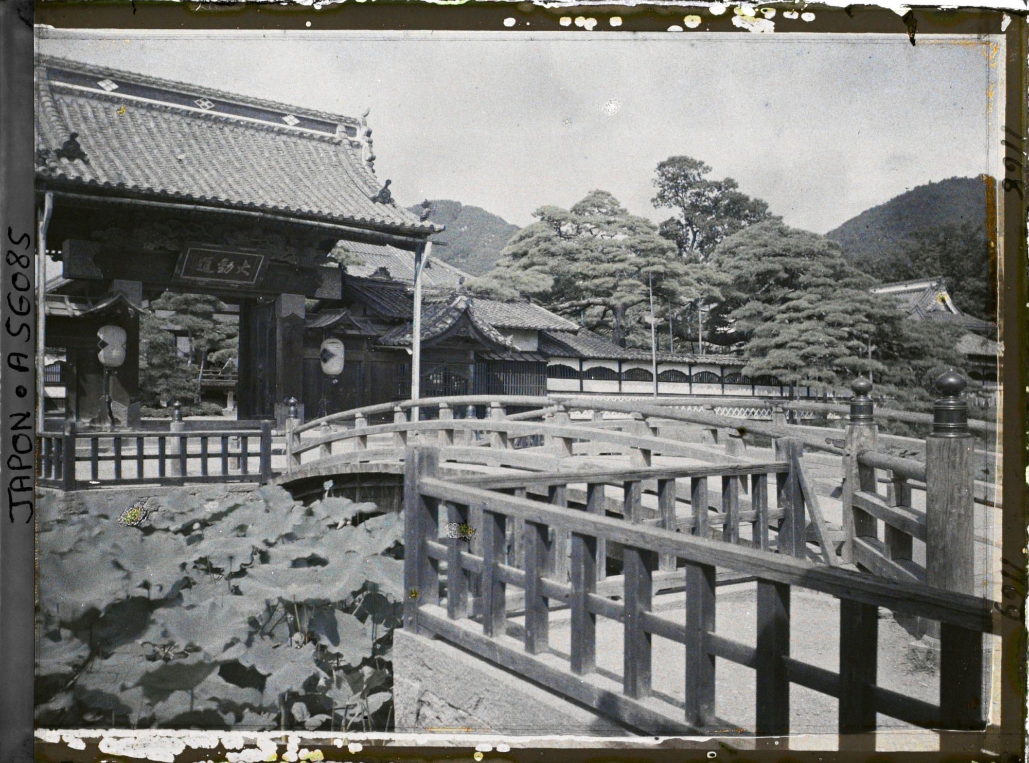 Image représentant Temple Zenko-ji : entrée du Daikanshin et son pont enjambant l'étang Hosyo-ike