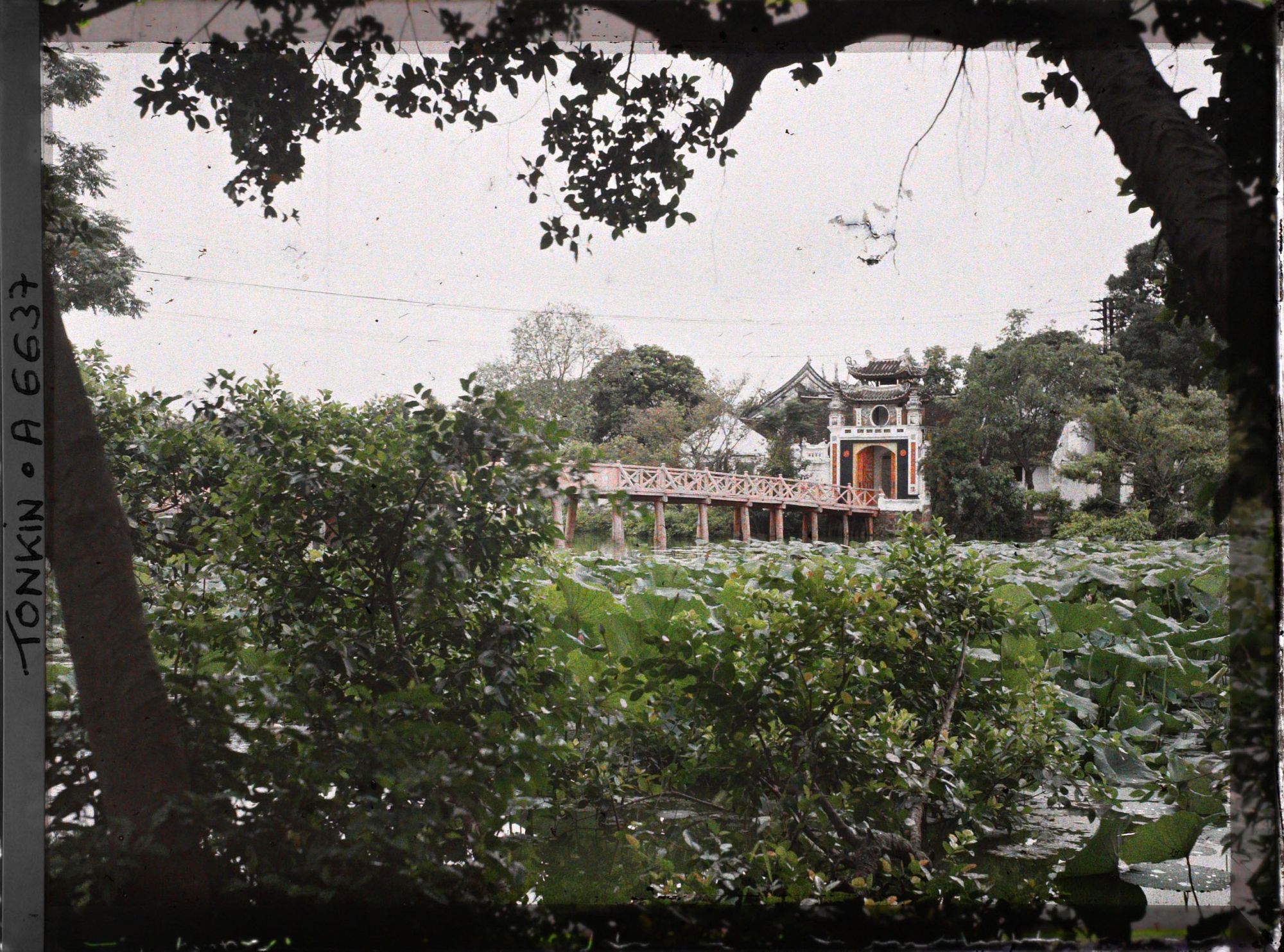 Image représentant Le temple Ngoc-so'n (appelé par les Européens "Pagode des Pinceaux"), situé sur "l'île de Jade" du Petit Lac couvert de lotus