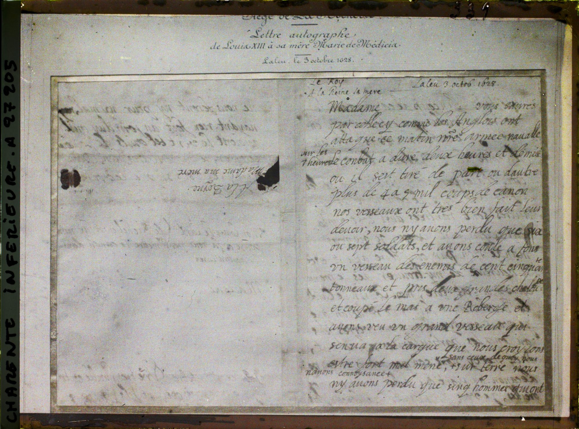 Image représentant Lettre autographe de Louis XIII à sa mère Marie de Médicis le 3 octobre 1628 - Musée d'Orbigny Bernon