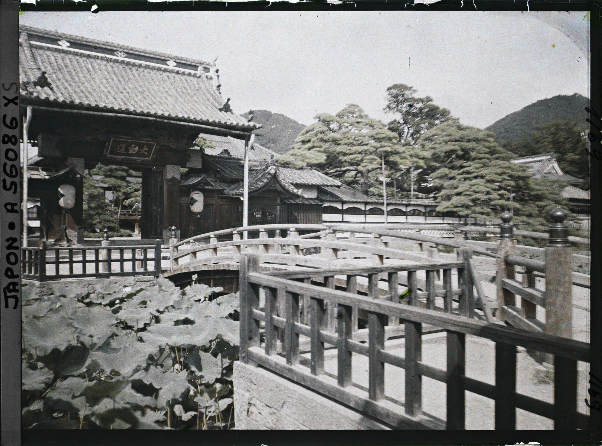 Image représentant Temple Zenko-ji : entrée du Daikanshin et son pont enjambant l'étang Hosyo-ike