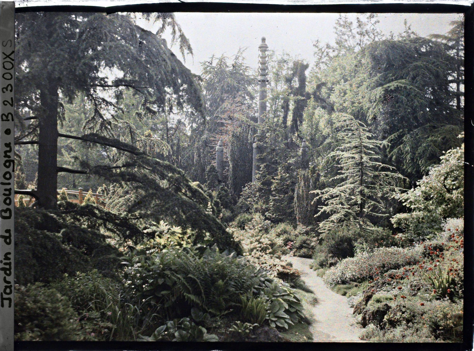 Image représentant Chemin du " sanctuaire japonais " menant au sorinto et rocaille fleurie ponctuée de conifères