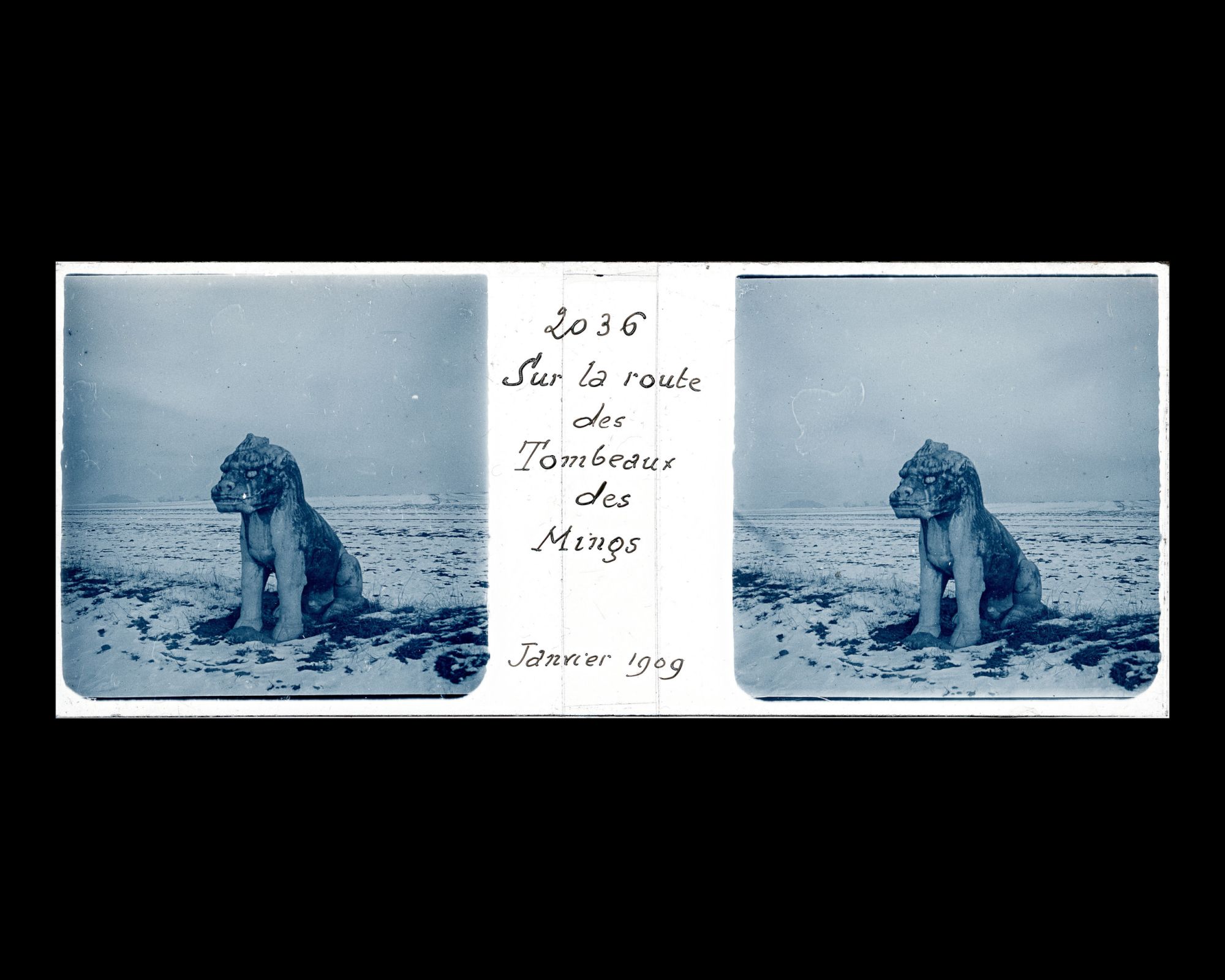 Image représentant Ming Shisanling ("Treize Tombeaux des Ming") L'un des deux xiezhi (animal fabuleux) assis de l'allée des statues