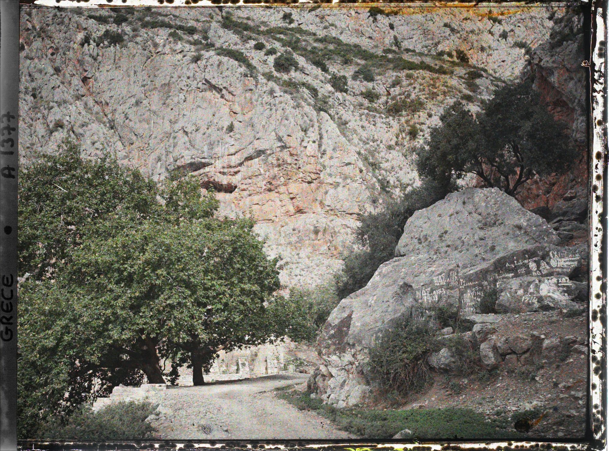 Image représentant Coude de la route du col d'Arakhova. Rochers à inscriptions blanches récentes. A gauche, deux gros platanes