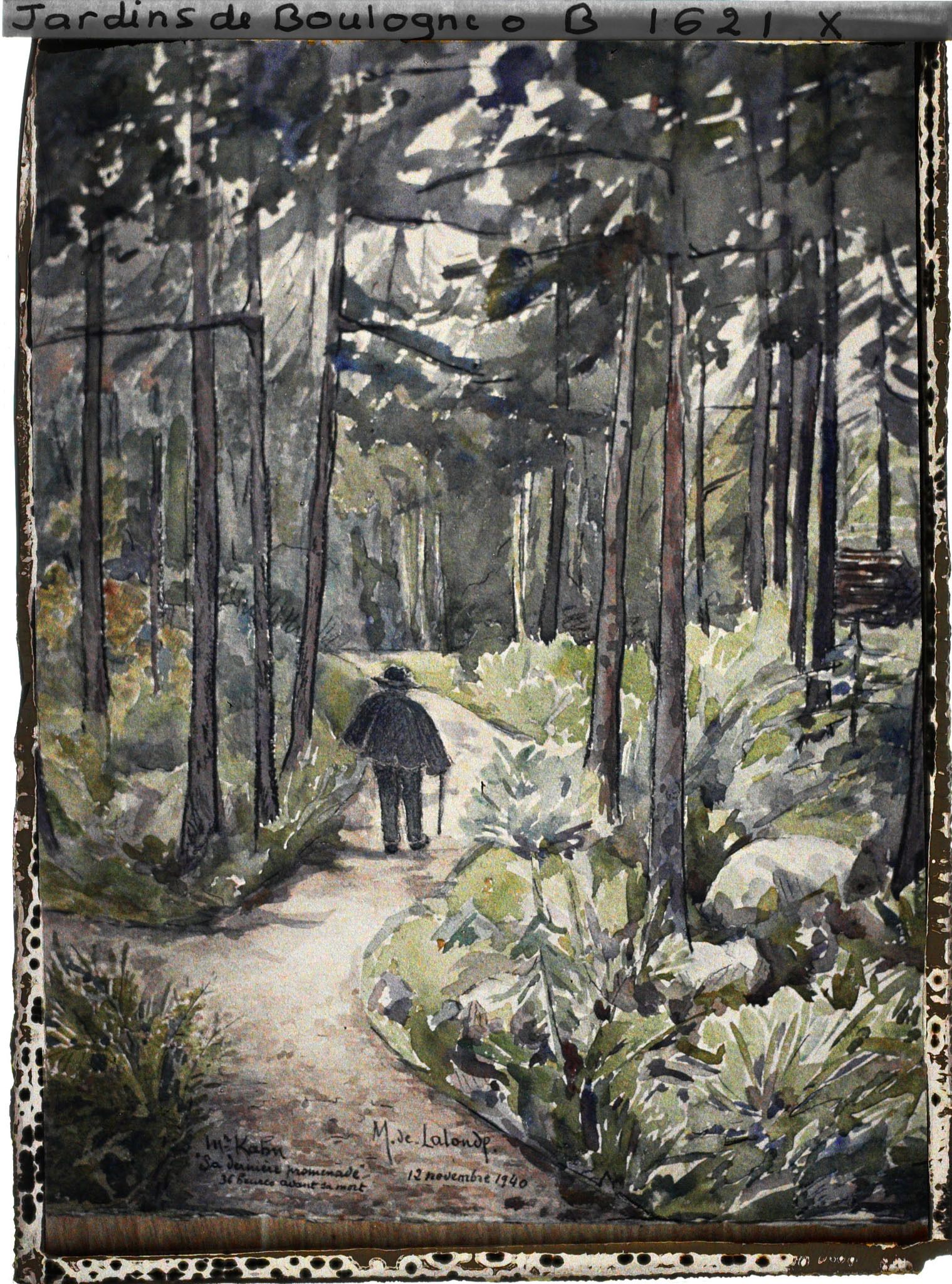 Image représentant Photographie sur plaque autochrome de l'aquarelle "Mr Kahn -La dernière promenade, 36 heures avant sa mort" peinte par Marguerite Magne de Lalonde, chargée des Collections Kahn