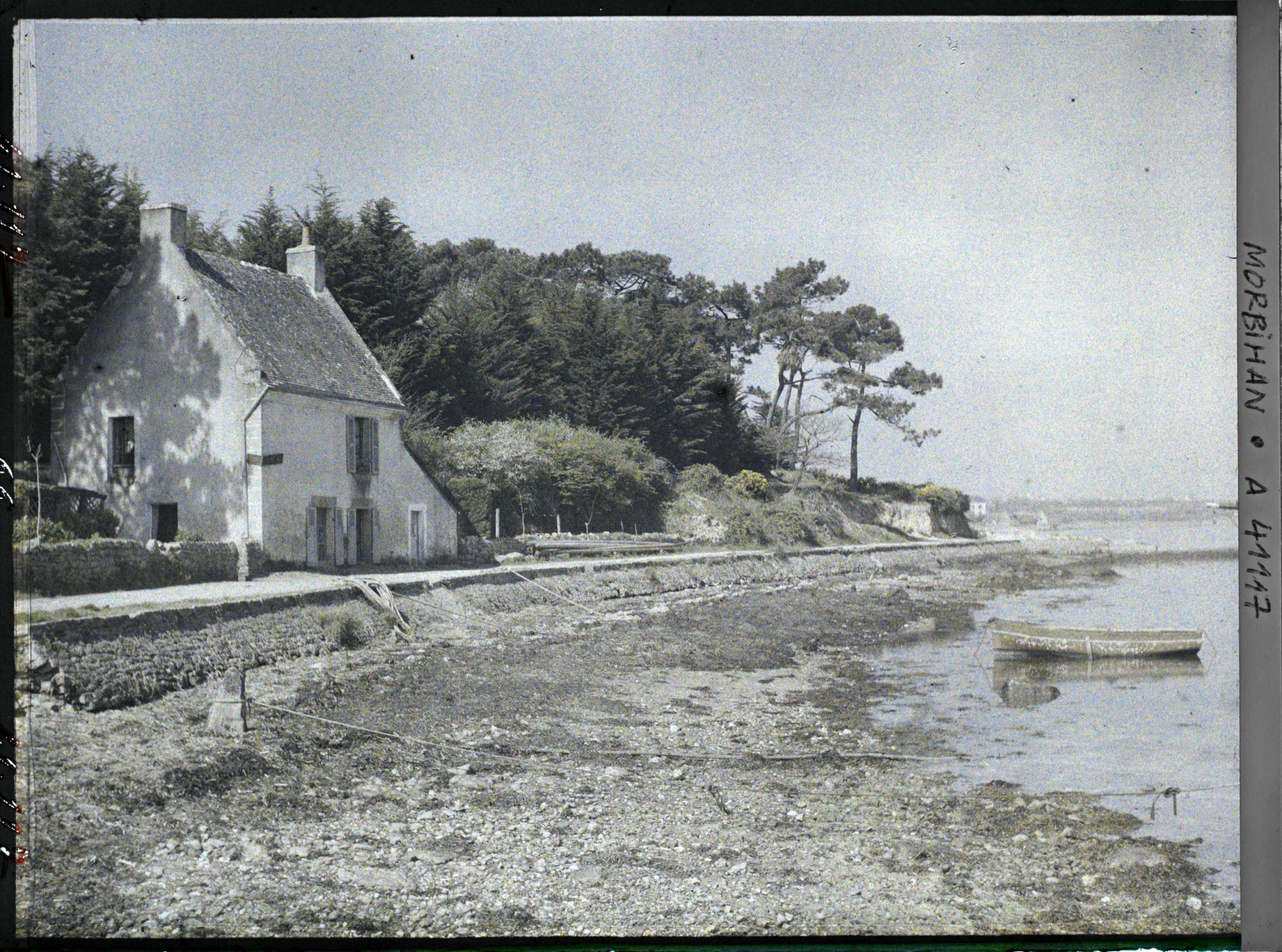 Image représentant Une maison au bord du quai ; au fond, des pins parasols
