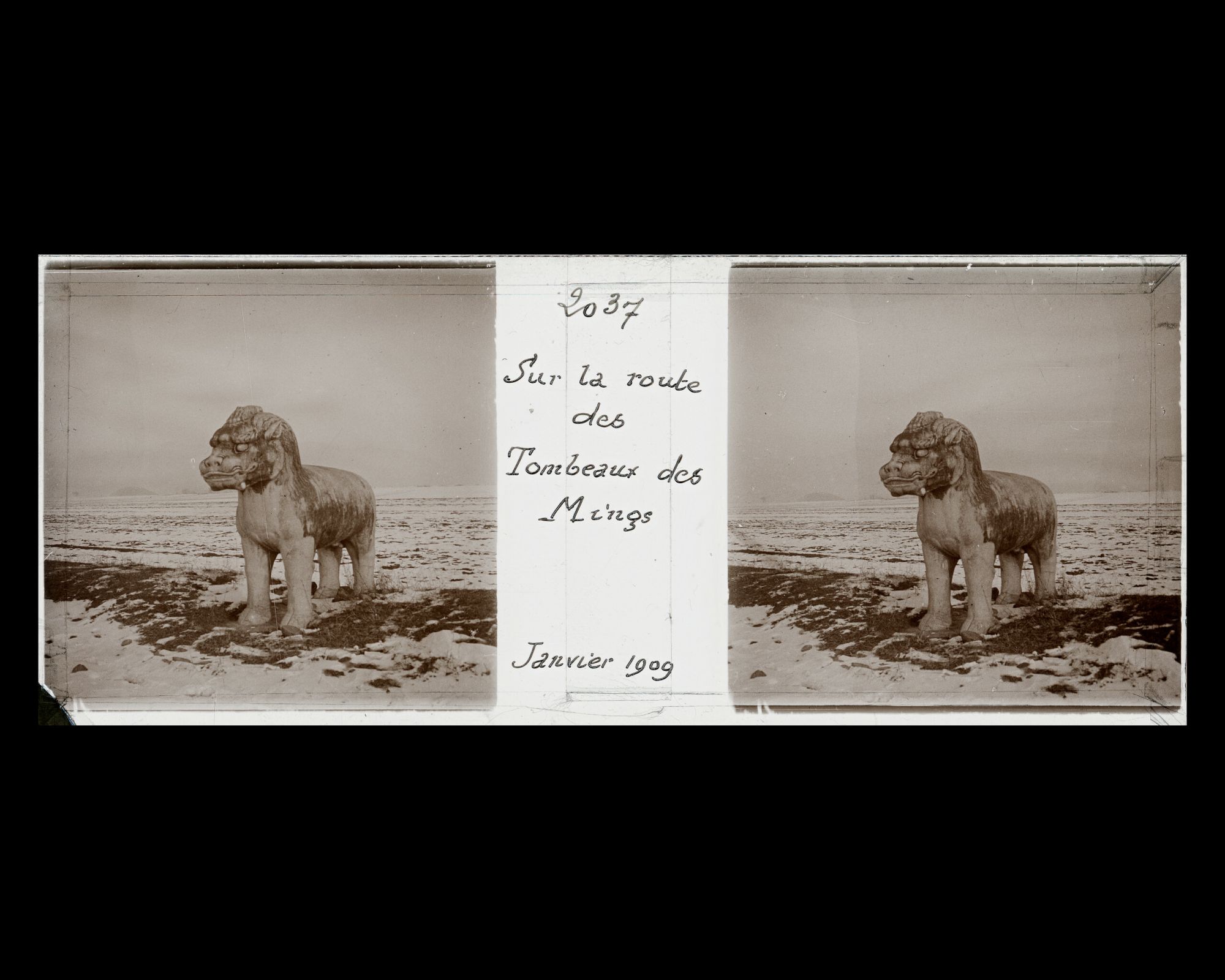 Image représentant Ming Shisanling ("Treize Tombeaux des Ming"). L'un des deux xiezhi (animal fabuleux) debout de l'allée des statues