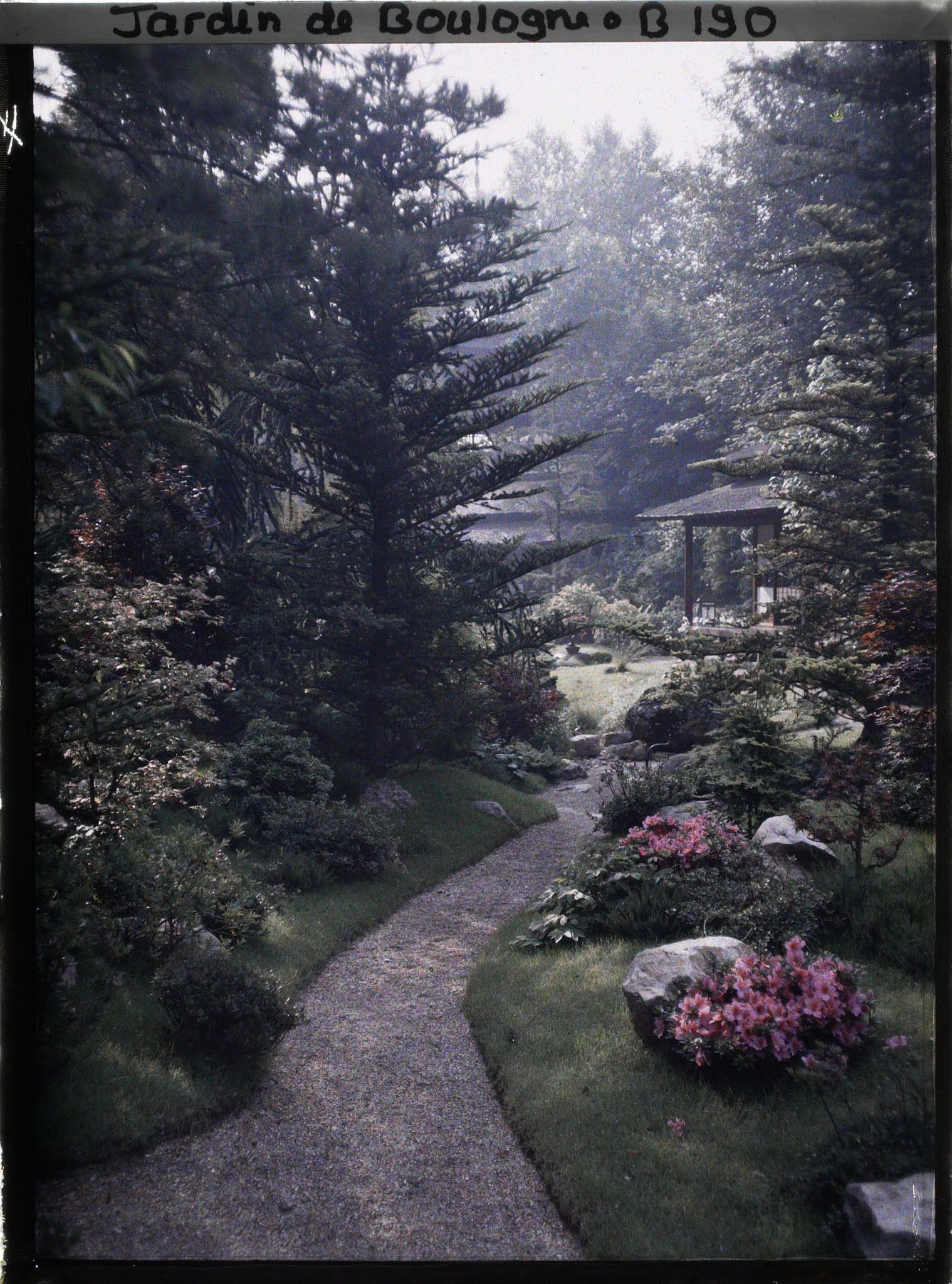Image représentant Étroit chemin ombragé, orné de pierres et d'azalées, menant à la maison ouest du " village japonais "