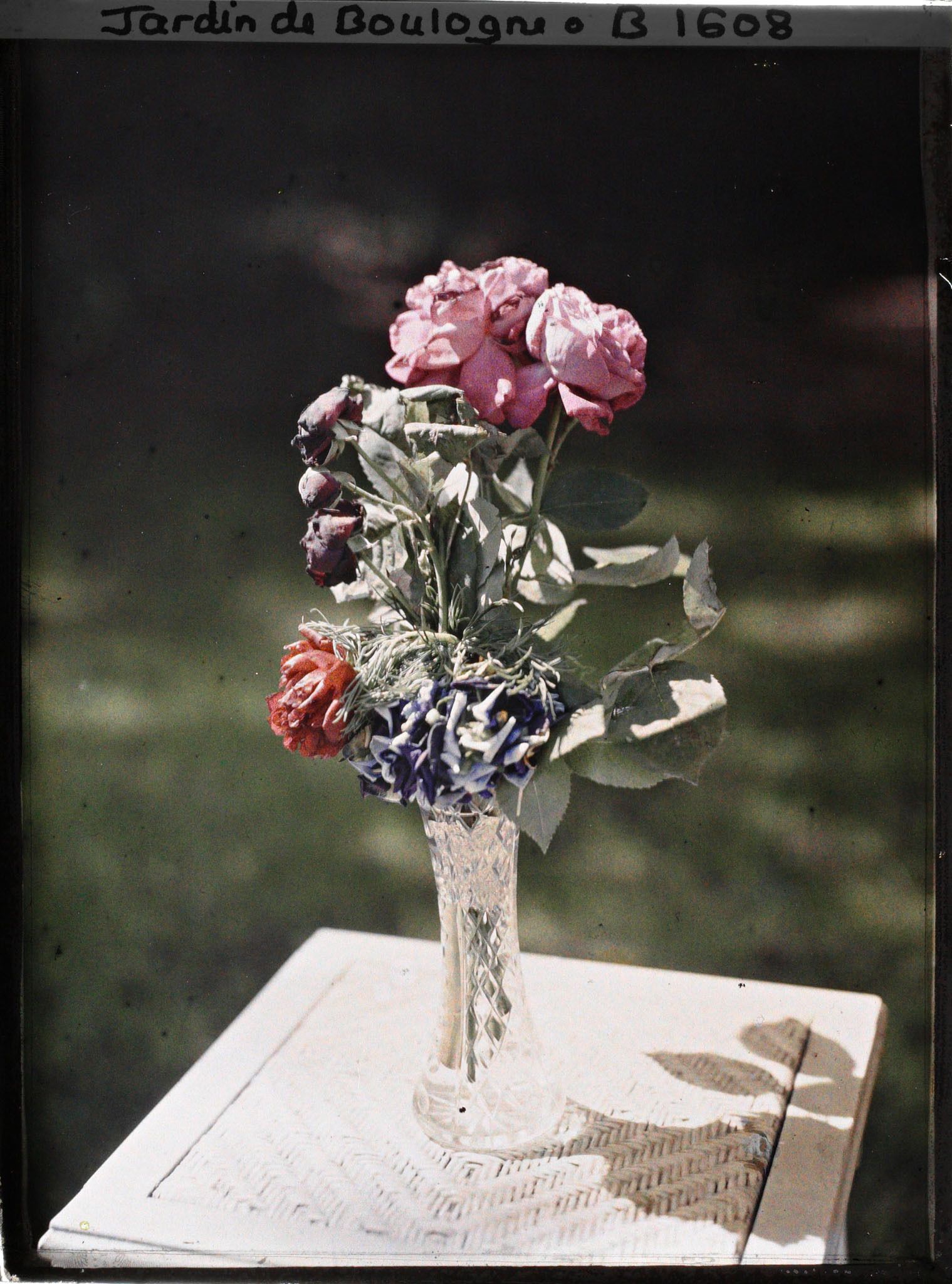 Image représentant Bouquet de fleurs fanées, essentiellement constitué de roses, placé sur une table de jardin
