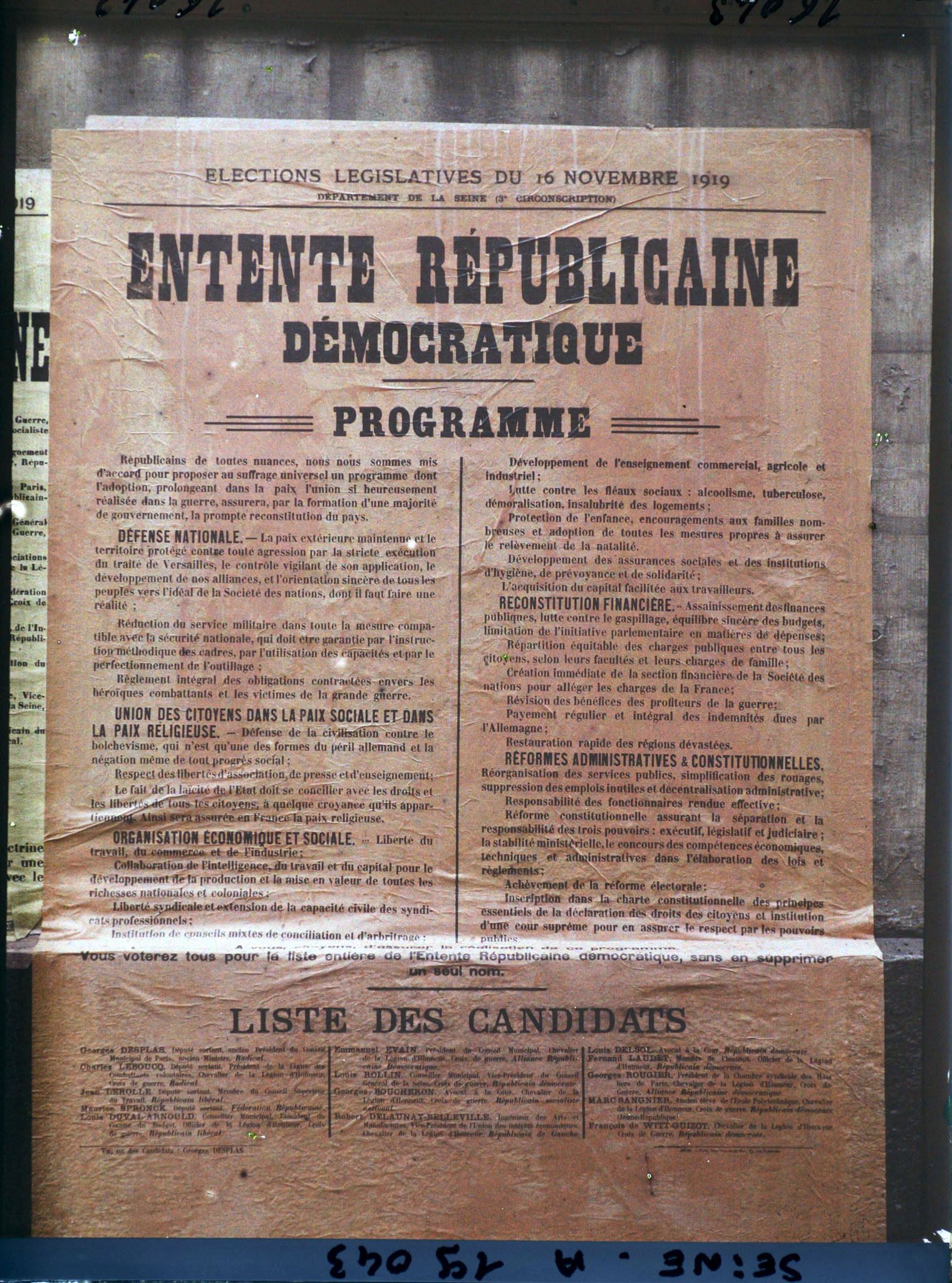 Image représentant Affiche de l'Entente républicaine démocratique pour les élections législatives de novembre 1919