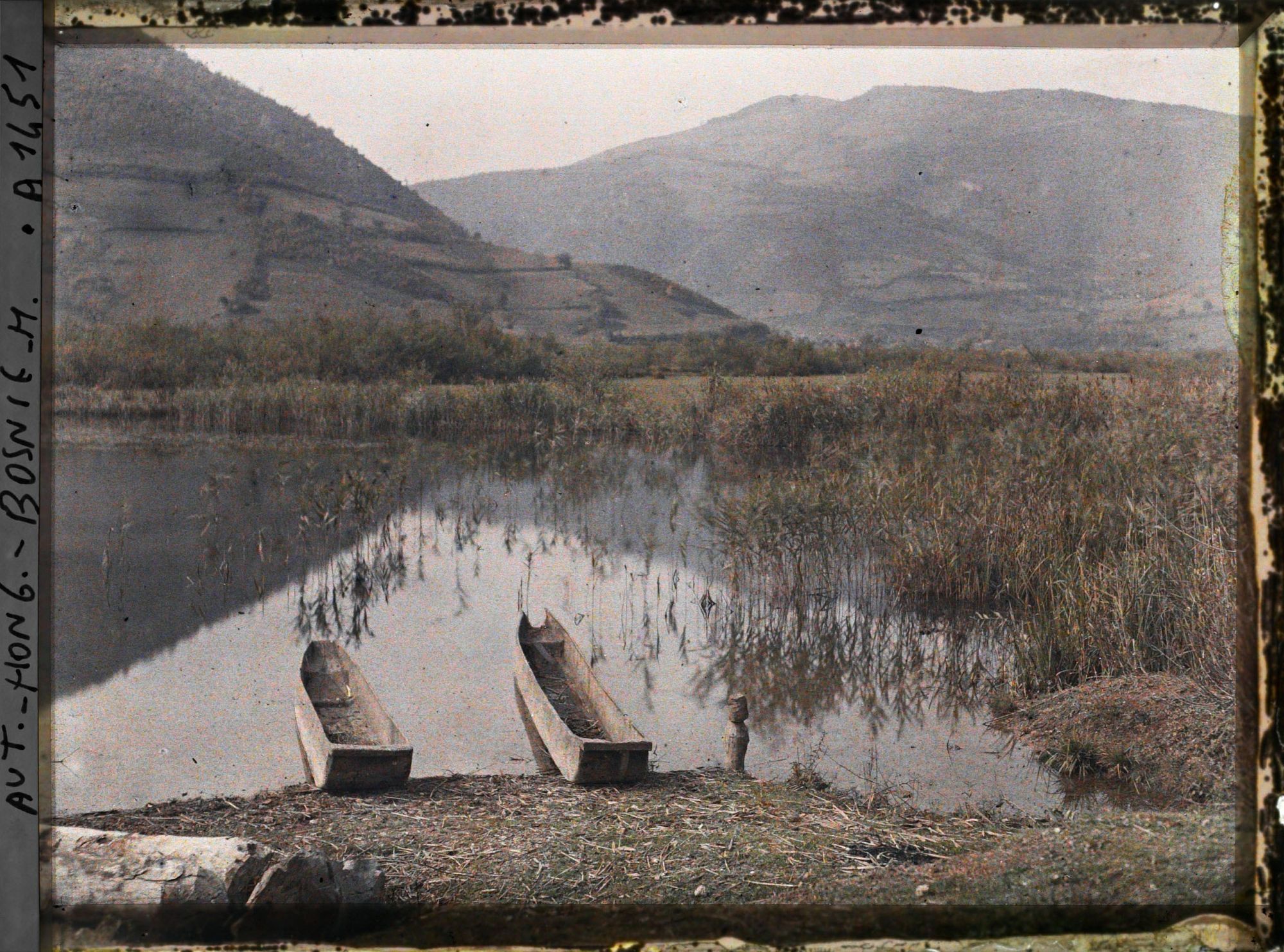 Image représentant Deux canots de troncs d'arbres sur les bords encombrés de roseaux des lacs de la Pliva