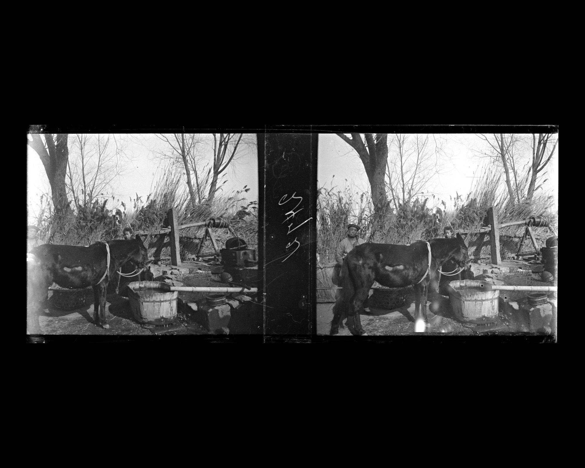 Image représentant Deux hommes et un cheval près d'un puits sur la rive est du Qianhai ("lac Antérieur") dans le quartier du Shishahai ("lac des Dix Monastères")