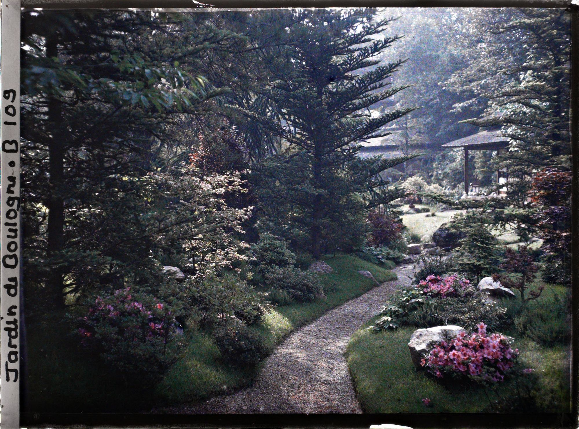 Image représentant Étroit chemin ombragé, orné de pierres et d'azalées, menant à la maison ouest du " village japonais "