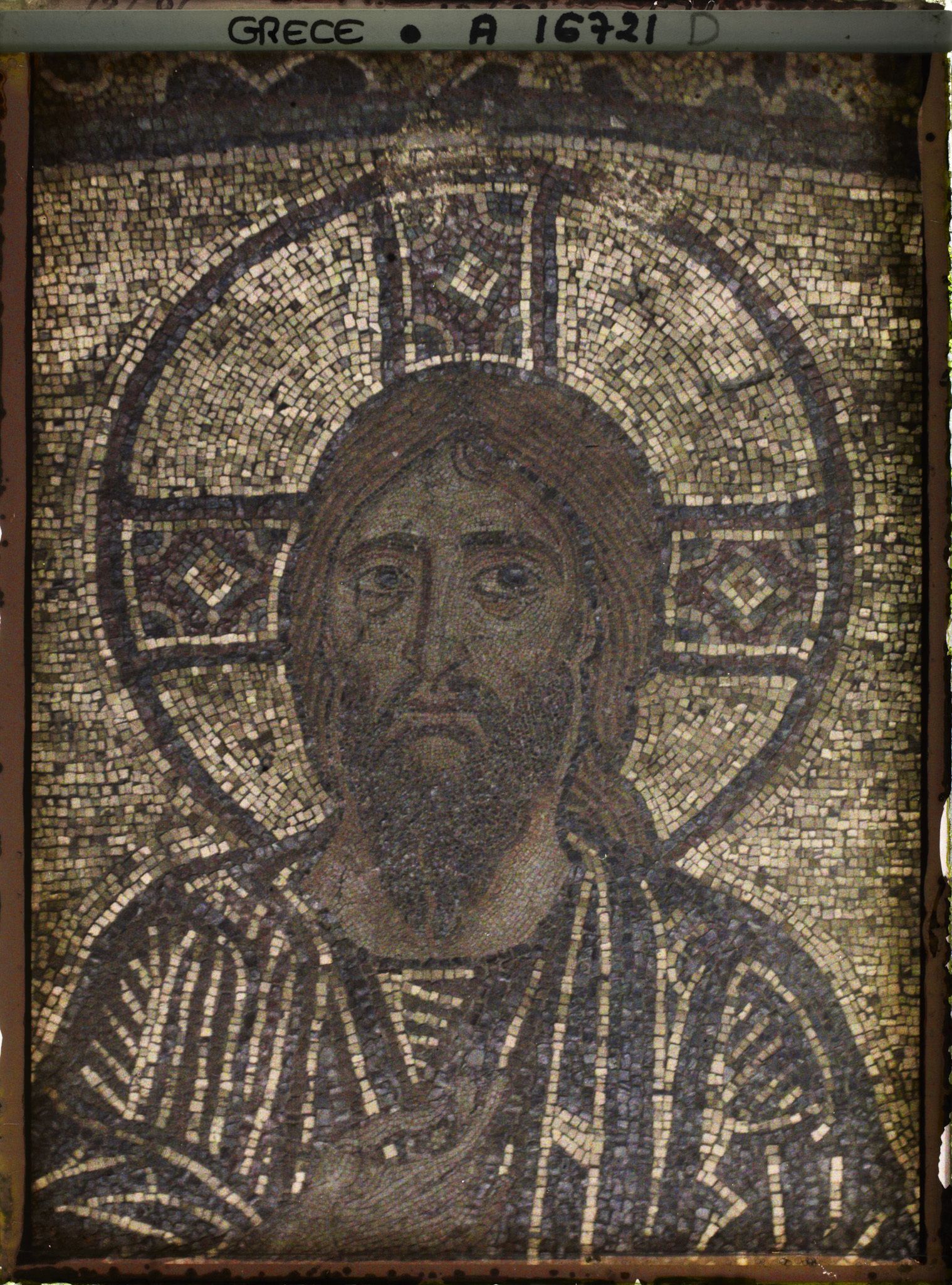 Image représentant Turquie, Mont Athos, Vatopédi,  Mosaïque du Narthex de l'Eglise de Vatopédi, tête du Christ