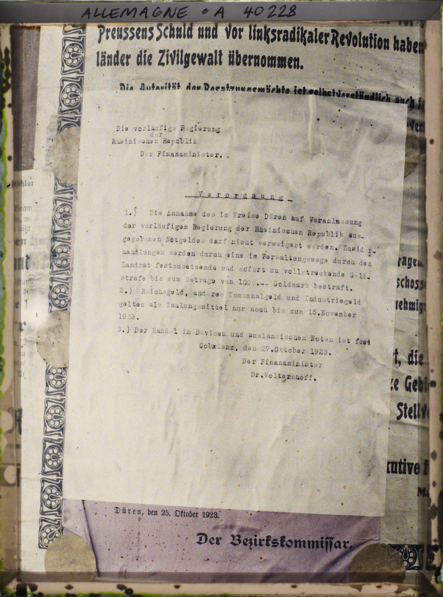 Image représentant Prusse, Düren, Affiche de finance tapée à la machine