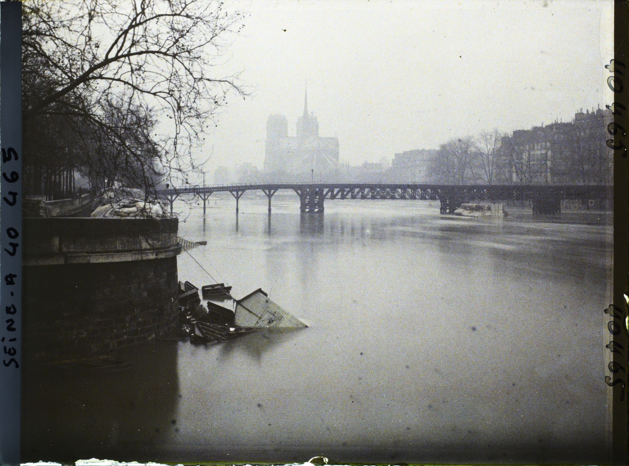 Image représentant La crue de la Seine au pont de la Tournelle (passerelle provisoire en bois pour sa reconstruction) et la cathédrale Notre-Dame