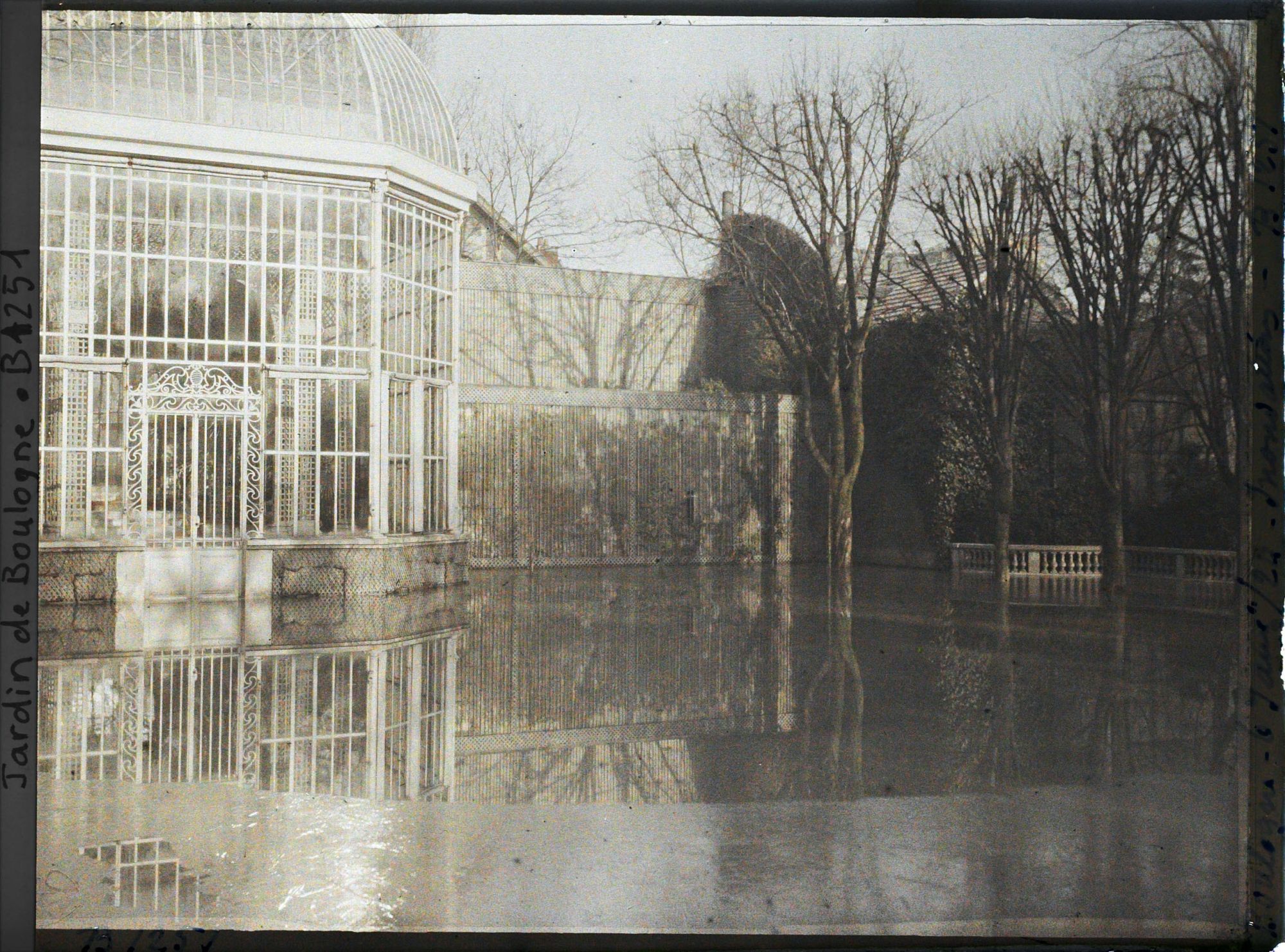Image représentant Le jardin français inondé face à la serre, vu depuis le sud-ouest