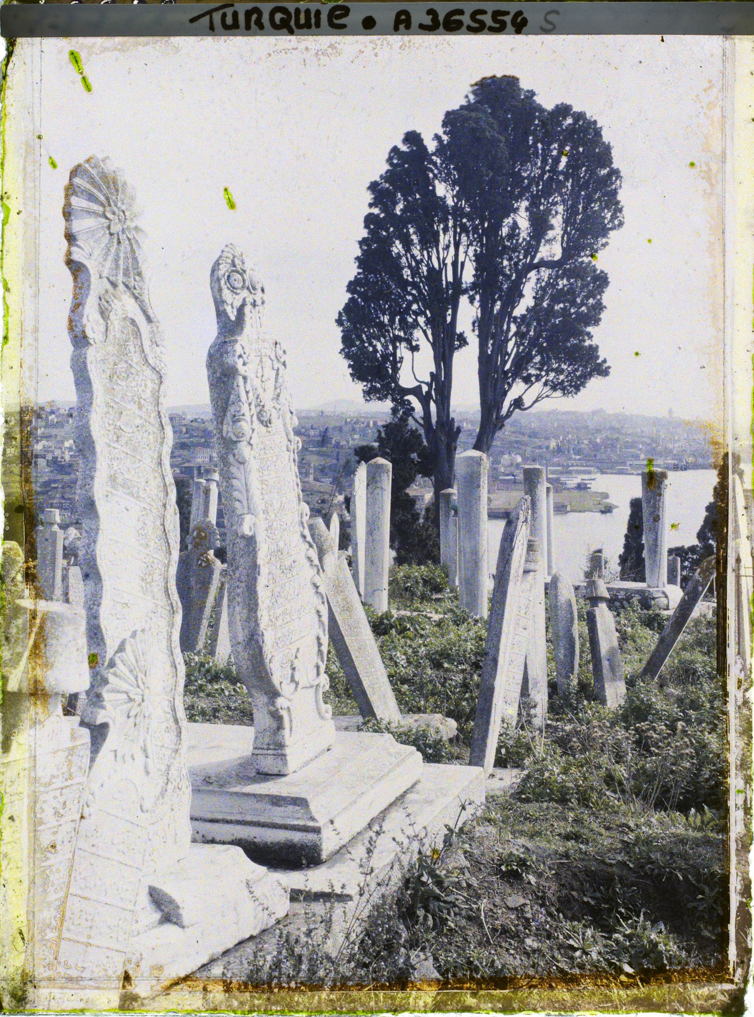 Image représentant Turquie, Constantinople- Eyoub, Petit Village d'Eyoub Cimetière d'Eyoub, tombes de femmes et au fond, Galata et la Corne d'Or.