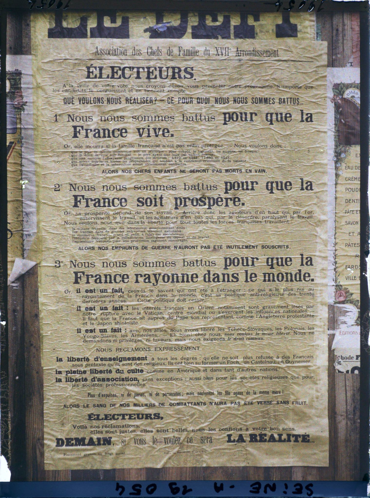 Image représentant Affiche de l'association des chefs de famille du XVIIe arrondissement pour les élections législatives de novembre 1919