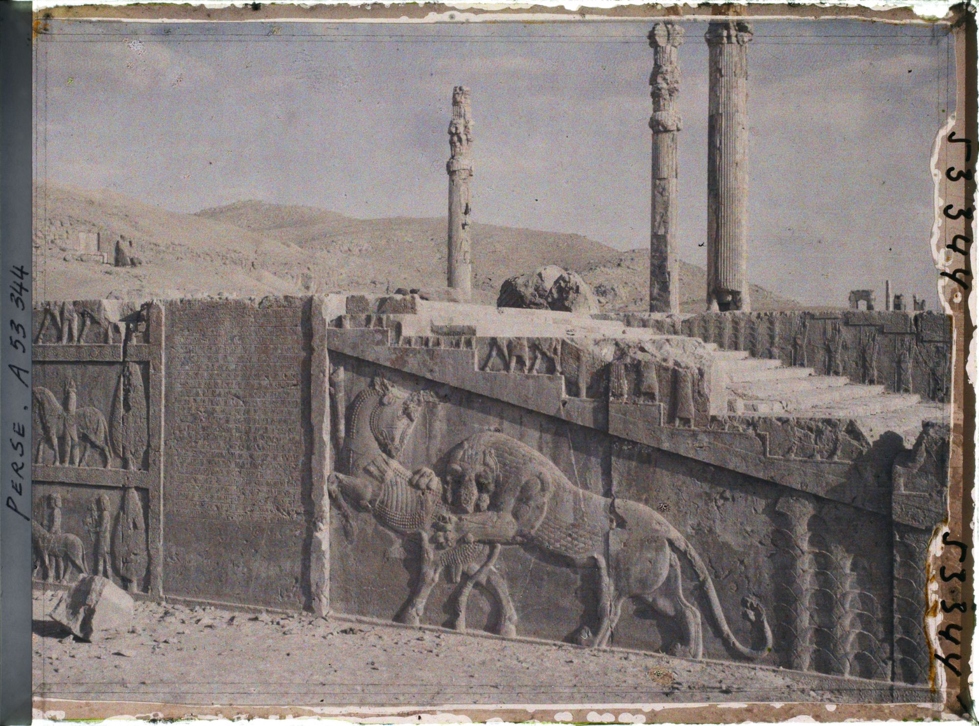 Image représentant Escalier nord de l'Apadana, combat du lion et du taureau et inscriptions cunéiformes