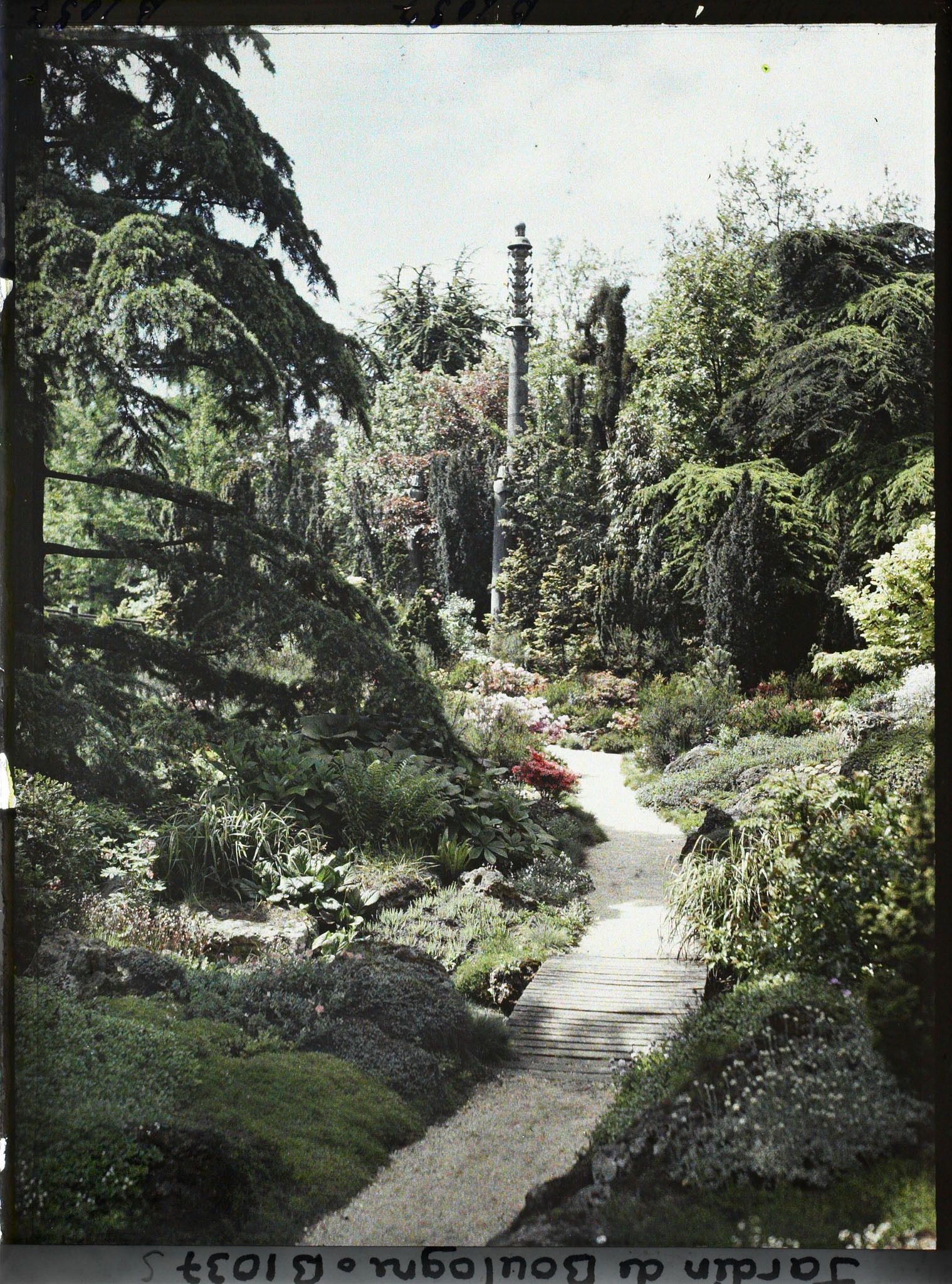 Image représentant Chemin du " sanctuaire japonais " menant au sorinto et rocaille fleurie ponctuée de conifères
