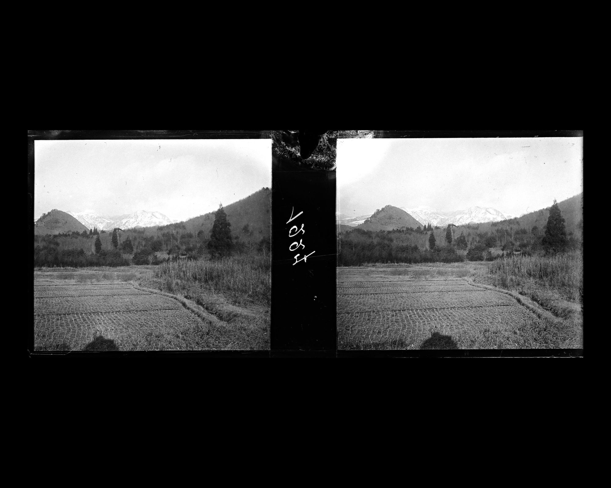 Image représentant Paysage de champs recouvert de givre avec les montagnes enneigées à l'arrière-plan