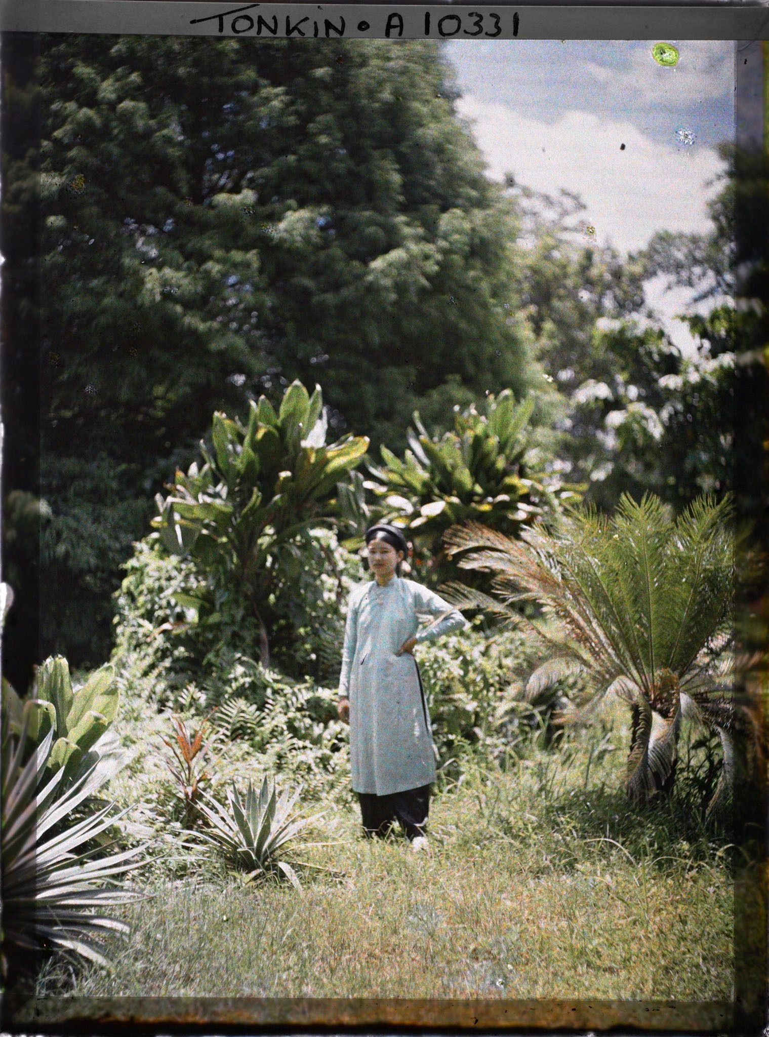 Image représentant Une jeune élégante, épouse d'Européen, en turban et tunique vert pâle, dans un jardin