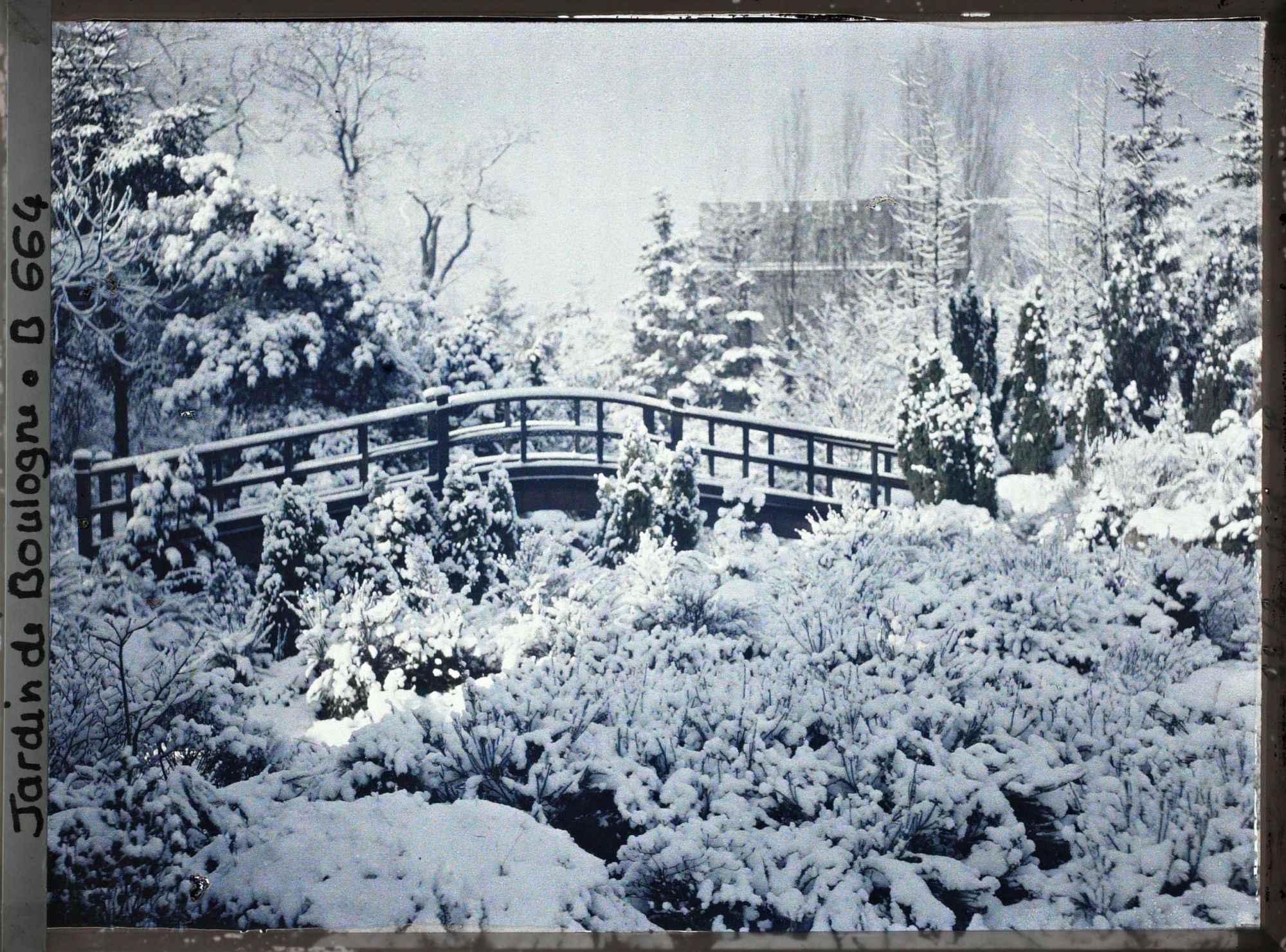 Image représentant Rocaille et pont du " sanctuaire japonais " sous la neige, vus en direction du quai