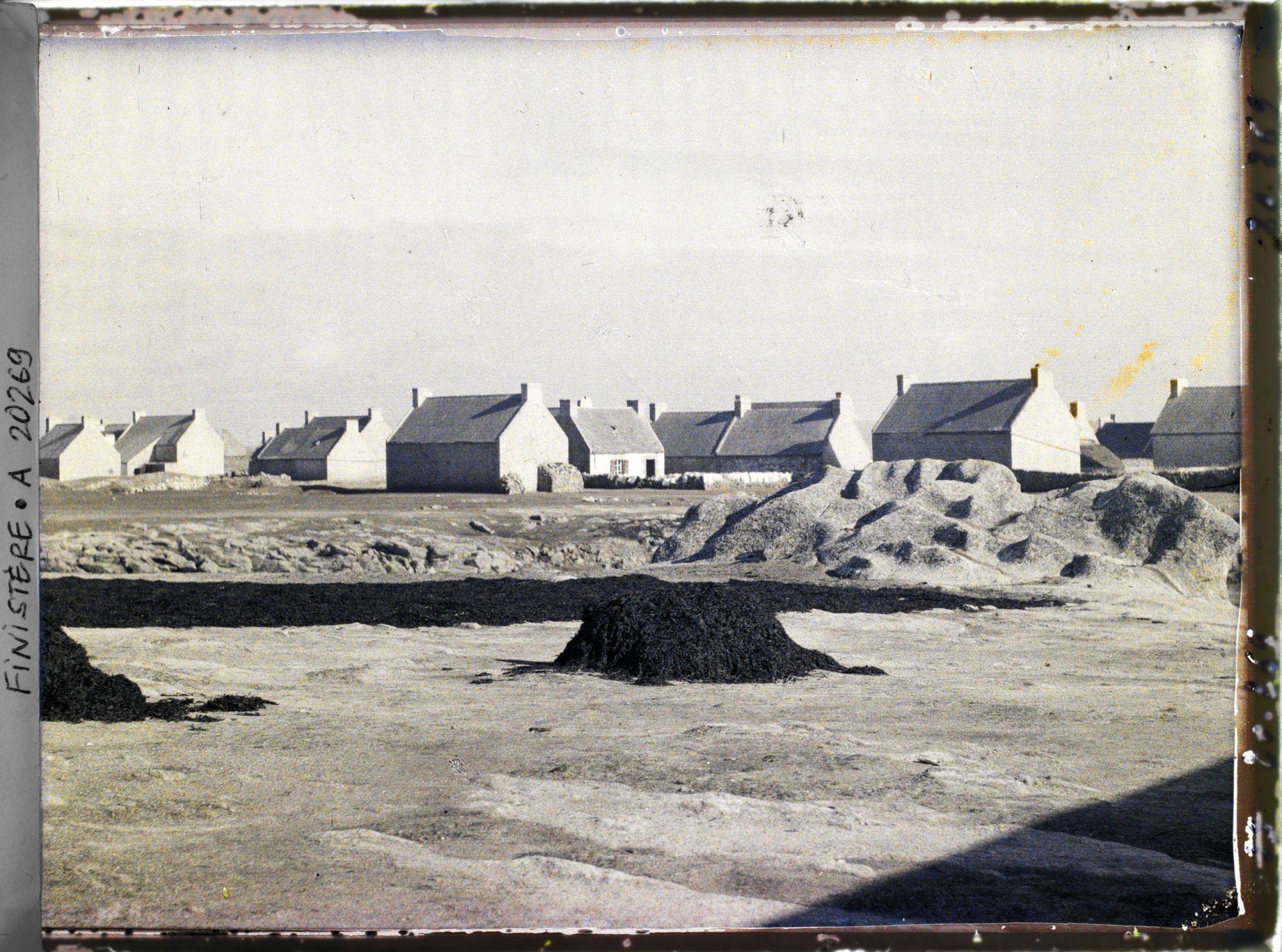 Image représentant Le village, dont les maisons tournent leur façade aveugle vers la mer, et du goémon