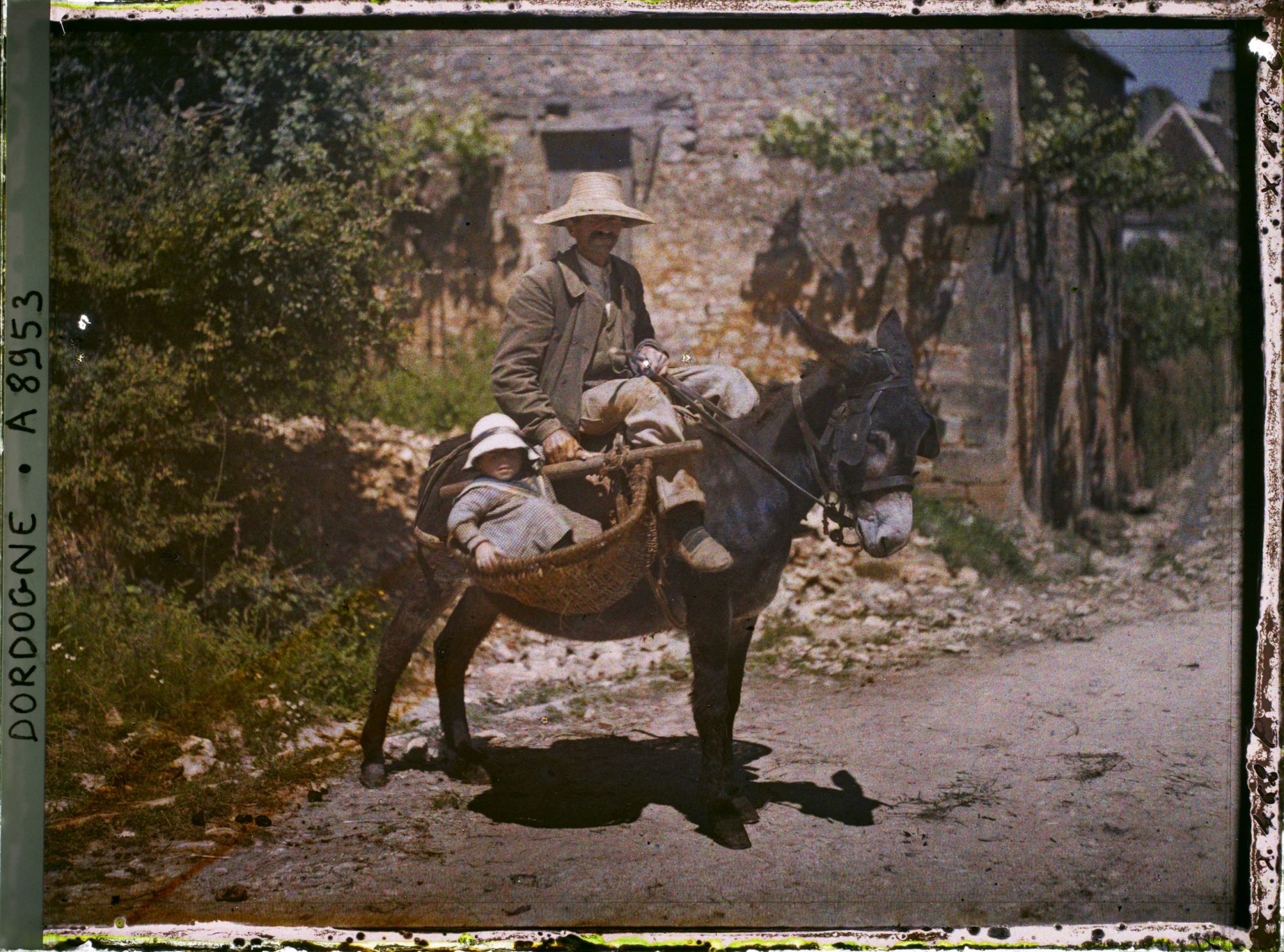Image représentant France, Domme, Des balasts sur un âne, le grand-père et la petite fille sur un âne