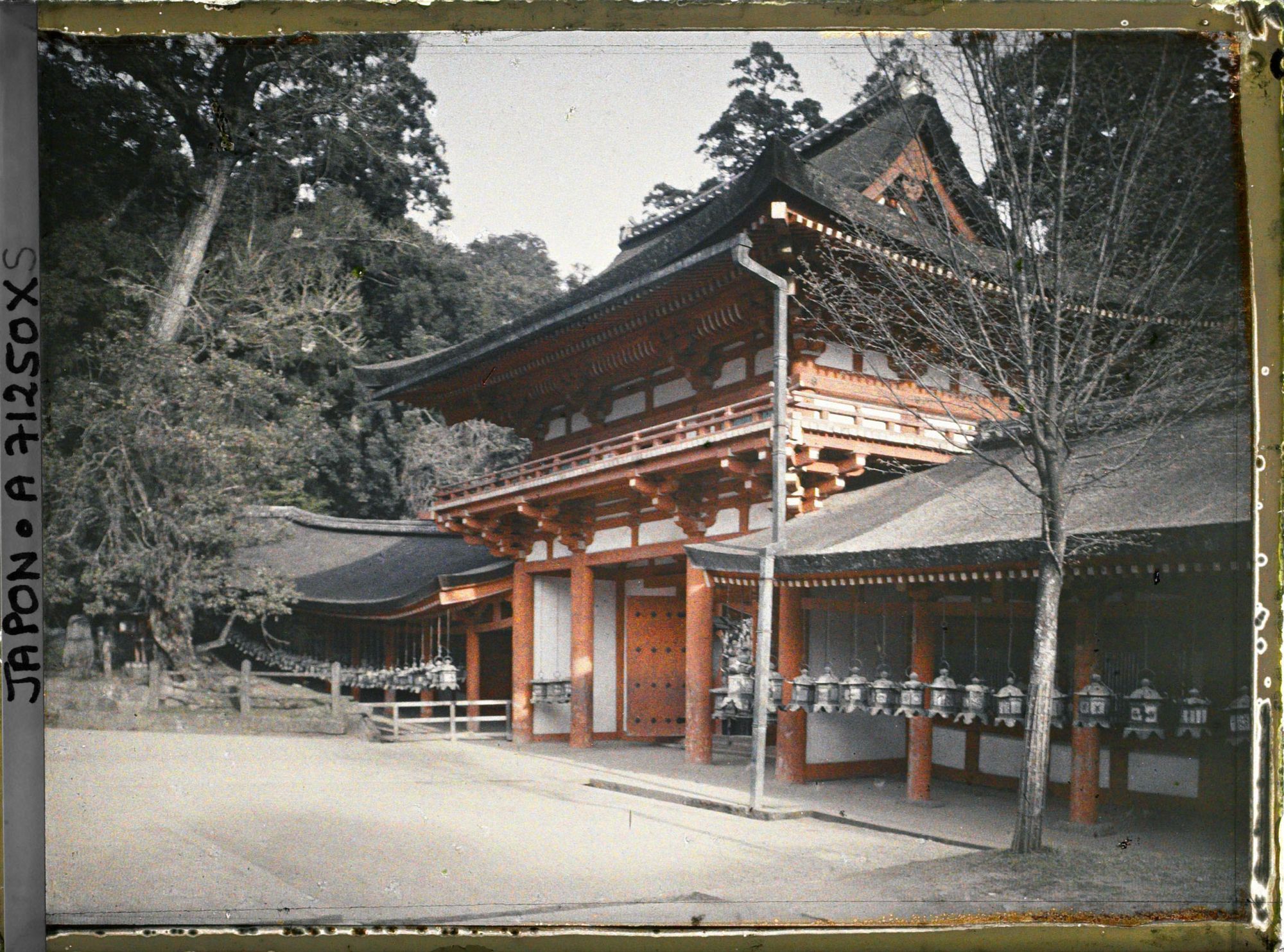 Image représentant Sanctuaire Kasuga-Jinja (ou Kasuga-Taisha), la Nandai-mon (Porte du Sud) et la galerie couverte ornée de lanternes de métal