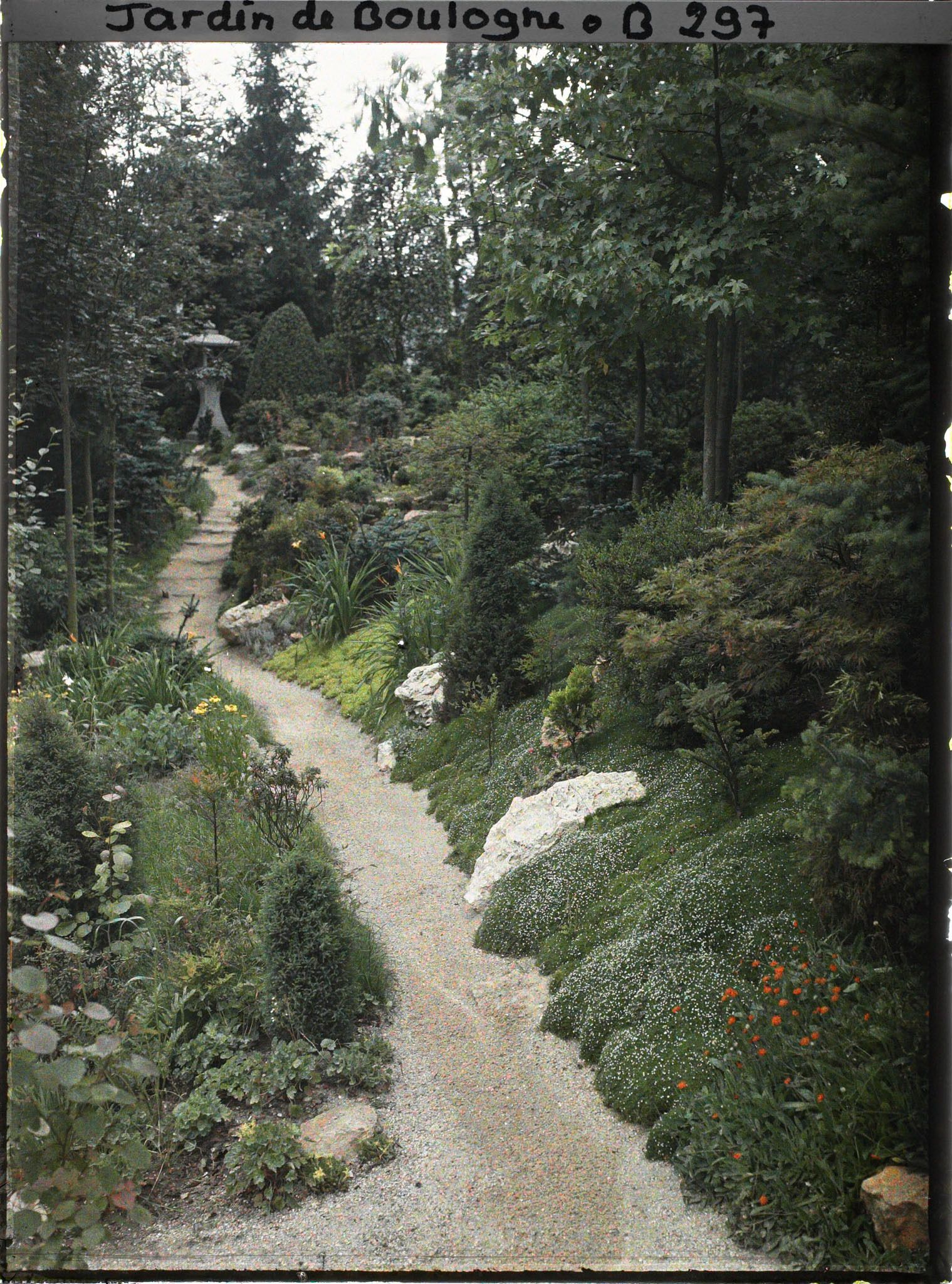 Image représentant Lanterne sur fond arboré, en haut d'un chemin escarpé du " jardin chinois " bordé d'une rocaille