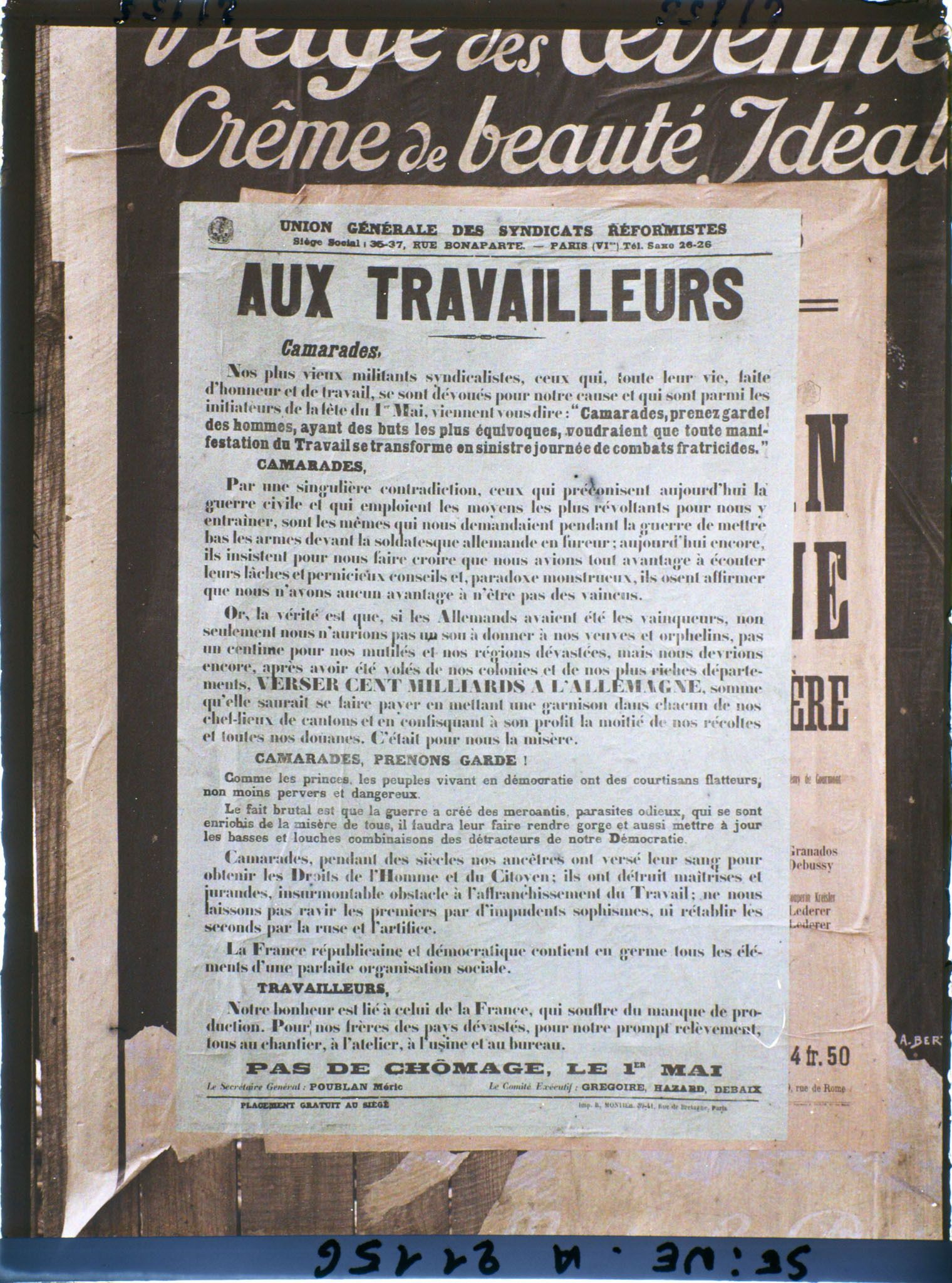 Image représentant Affiche de l'Union générale des syndicats réformistes, appel au travail à l'occasion du 1er mai