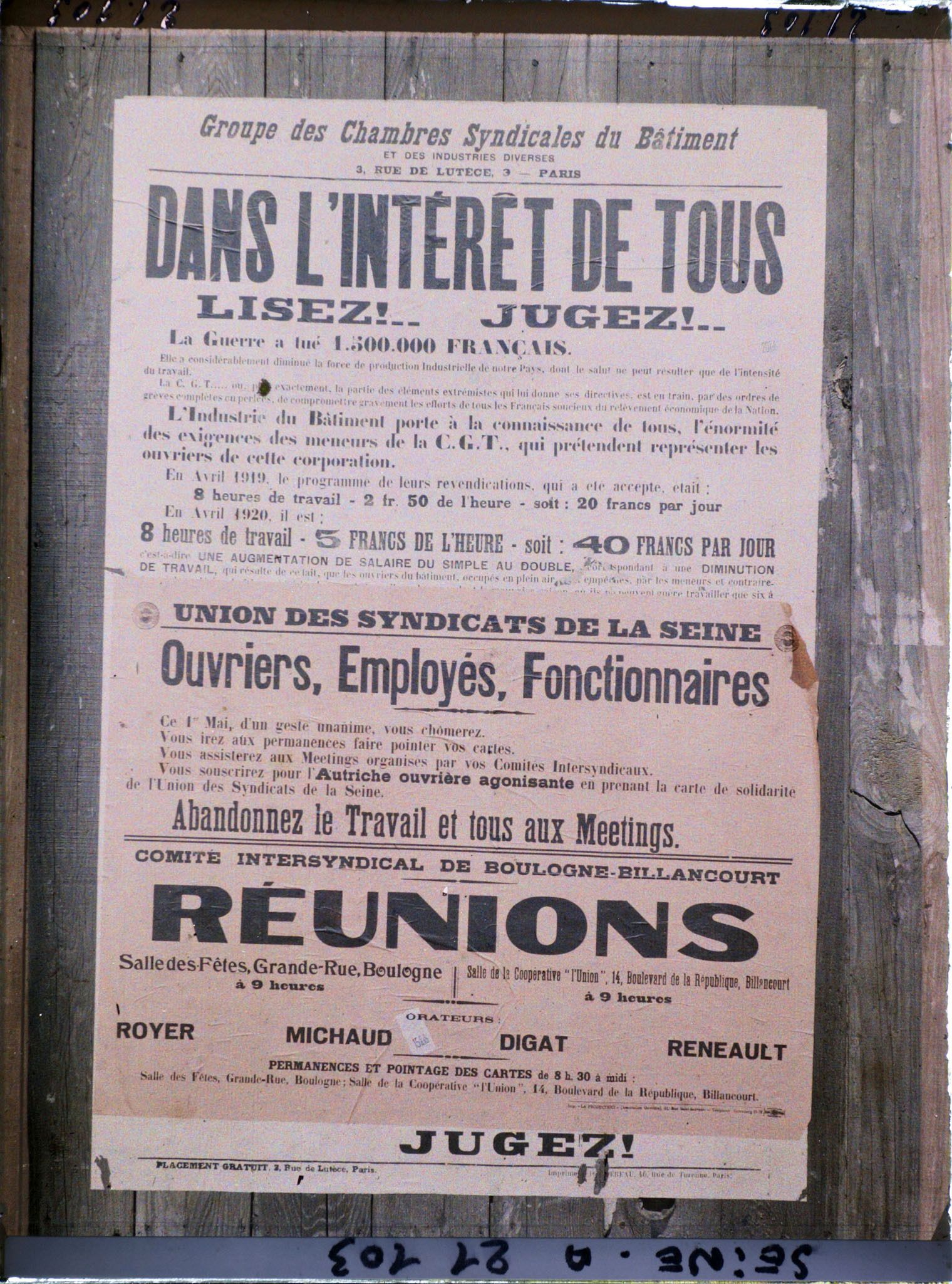 Image représentant Affiches d'appel au travail du Groupe des chambres syndicales du Bâtiment et d'appel à la grève de l'Union des syndicats de la Seine, à l'occasion du 1er mai