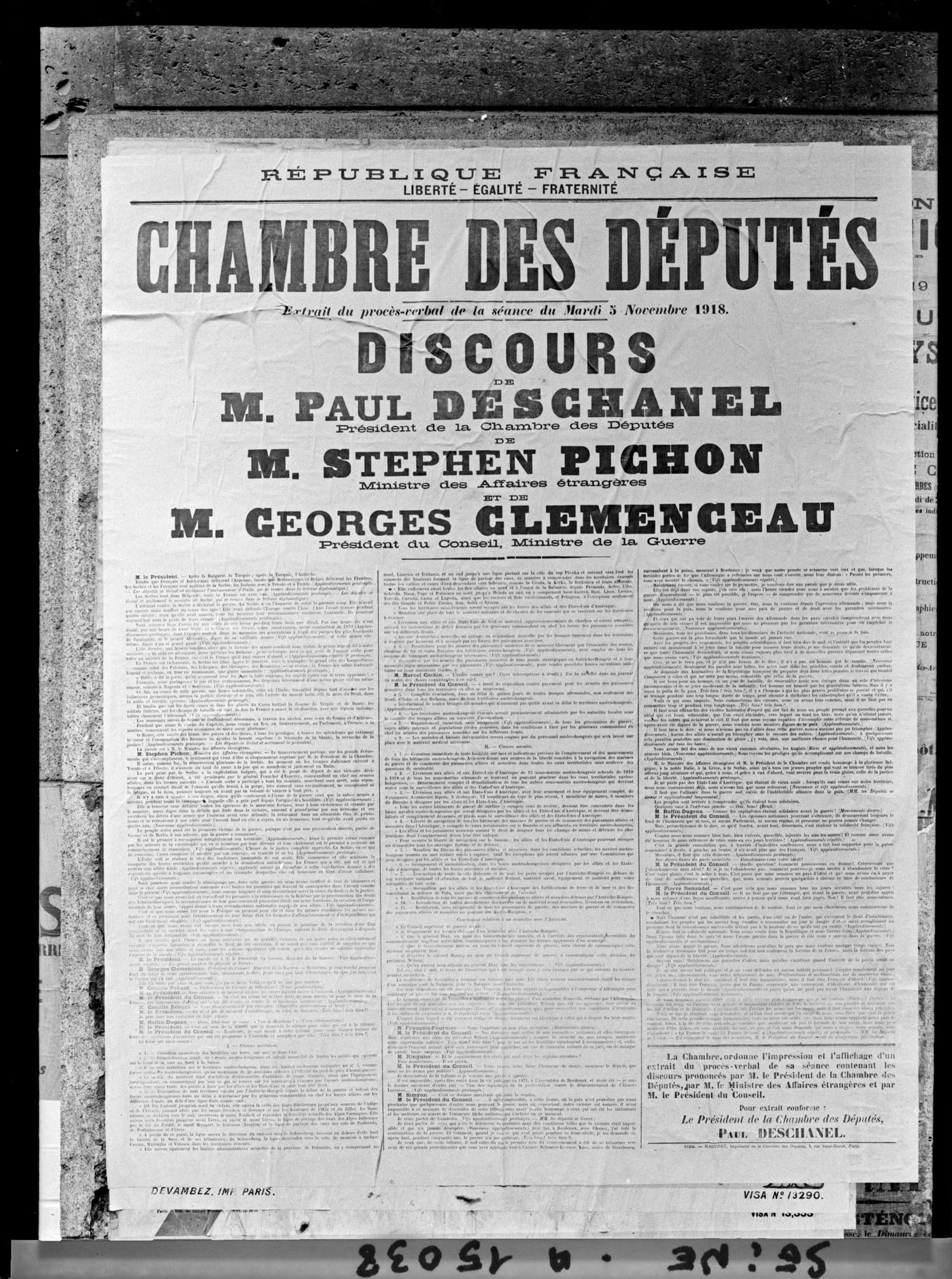 Image représentant Affiche des discours du 5 novembre 1918 à la Chambre des Députés de Paul Deschanel, Stephen Pichon et Georges Clemenceau