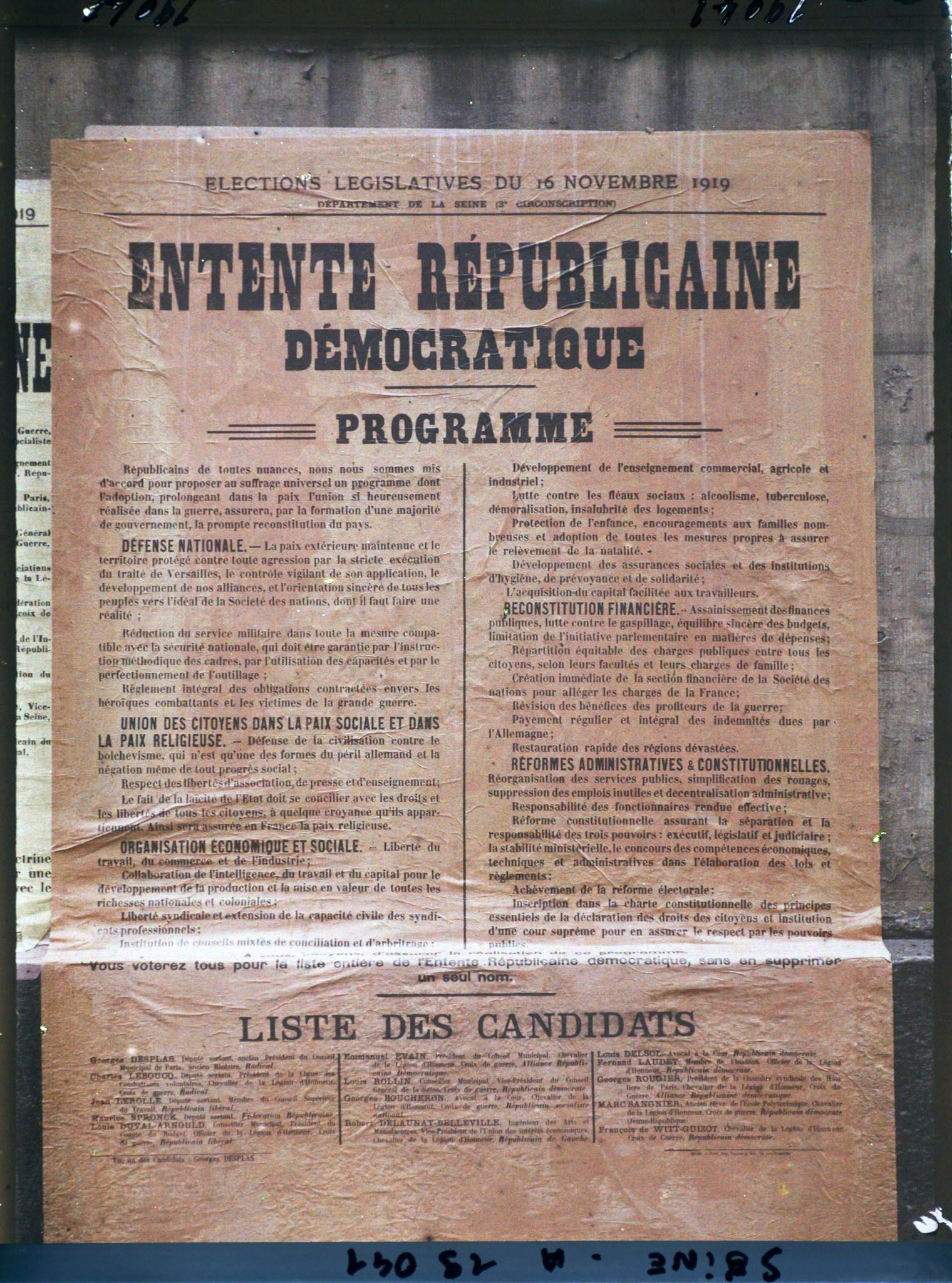 Image représentant Affiche de l'Entente républicaine démocratique pour les élections législatives de novembre 1919