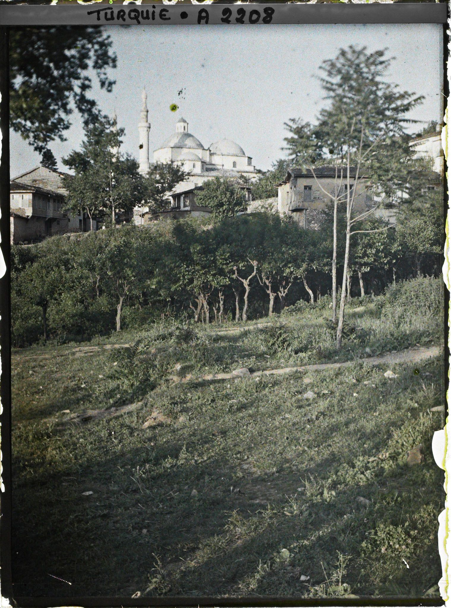 Image représentant La Yesil Camii (la mosquée Verte) datant de 1424 ; en contrebas, plantations de mûriers destinés à la sériciculture