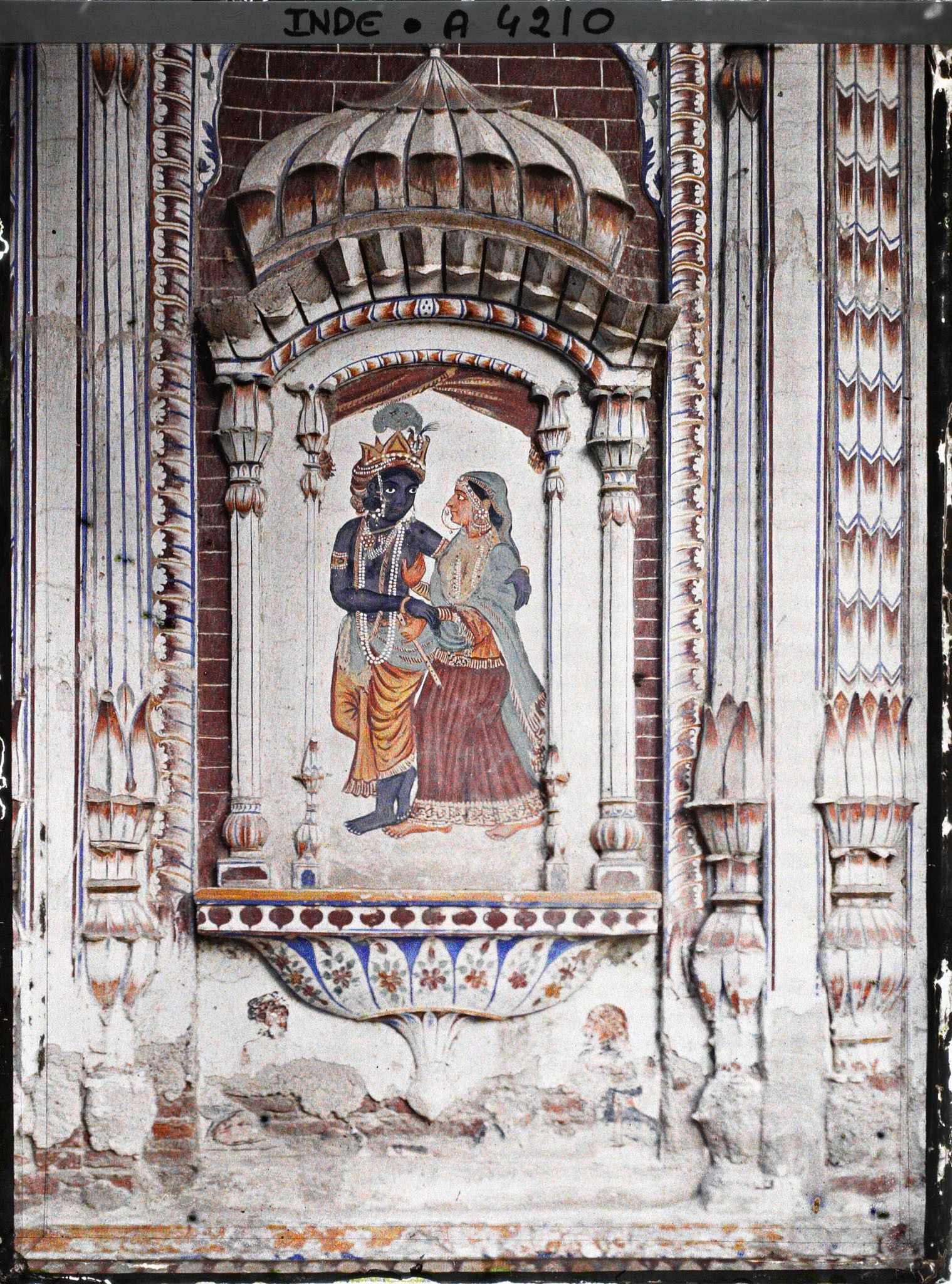 Image représentant Peinture d'un édicule extérieur de temple hindou représentant Krishna et Râdhâ