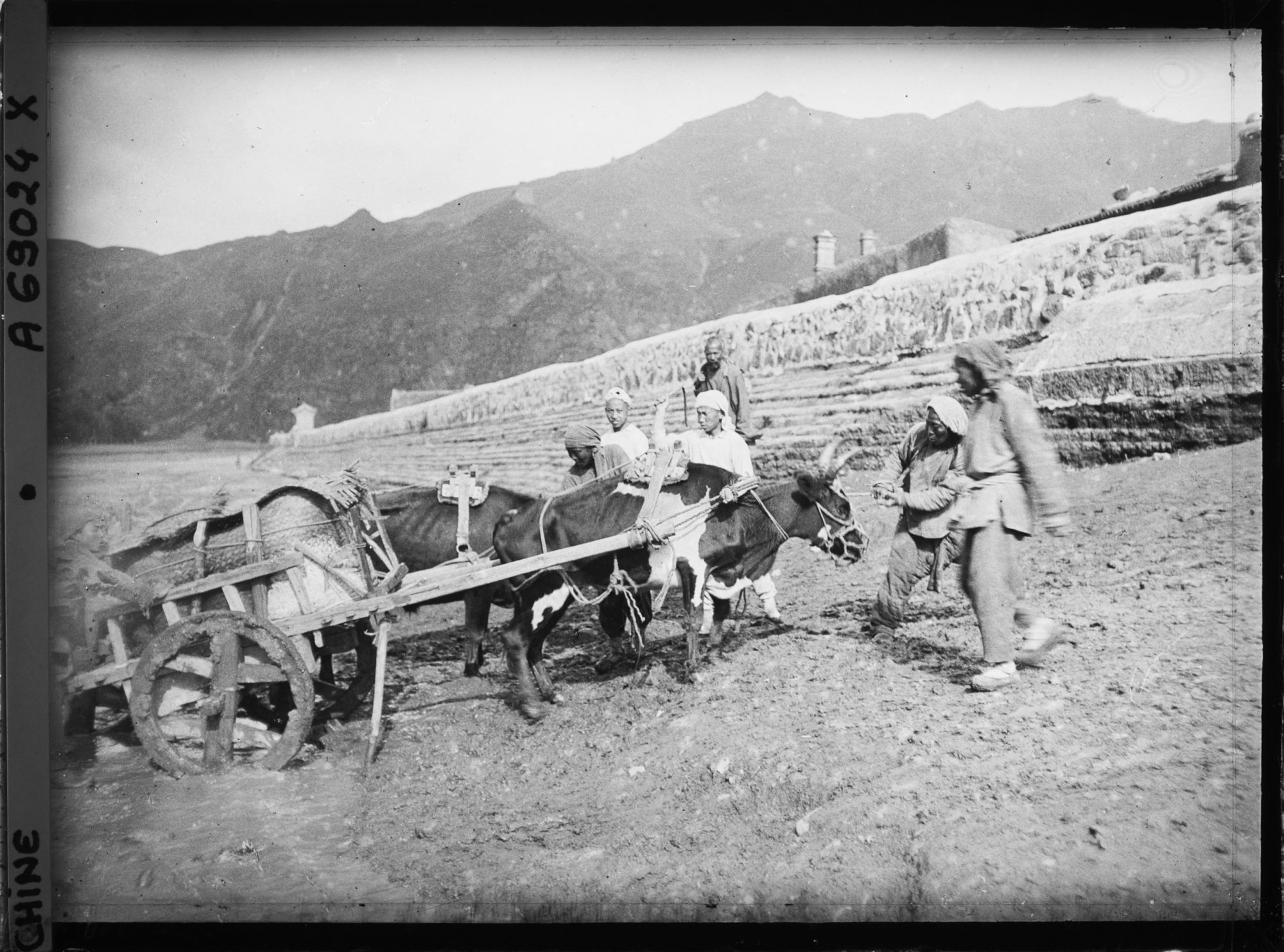 Image représentant paysans poussant une charrette tirée par des boeux, peut-être aux environs de Wanquan