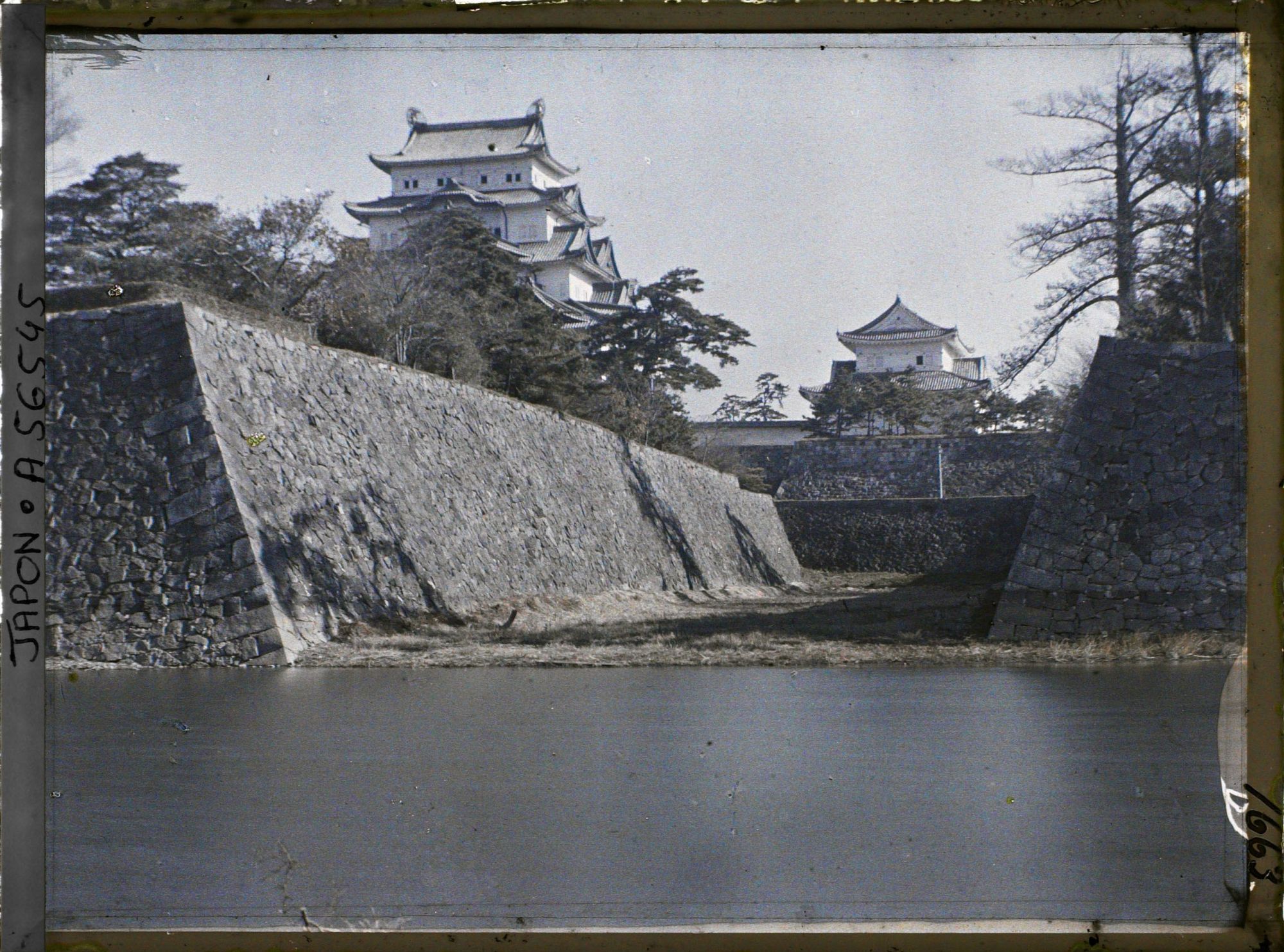 Image représentant Le donjon (tenshu) du château de Nagoya (Nagoya-jôshi) vu depuis le fossé externe (Soto-bori) ouest.