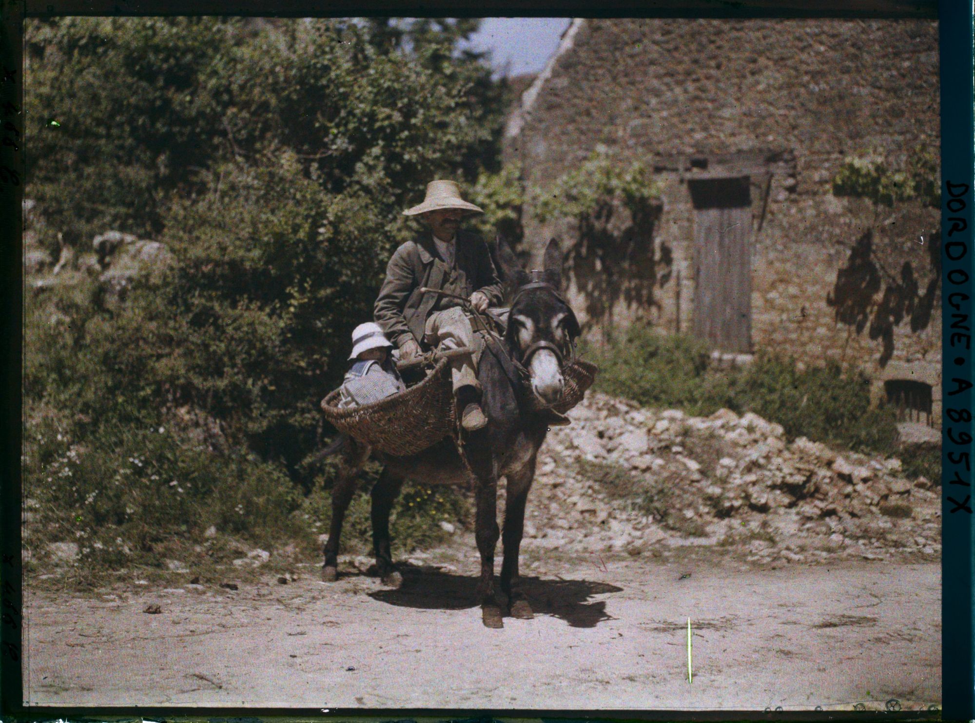 Image représentant France, Domme, Des balasts sur un âne, le grand-père et la petite fille sur un âne